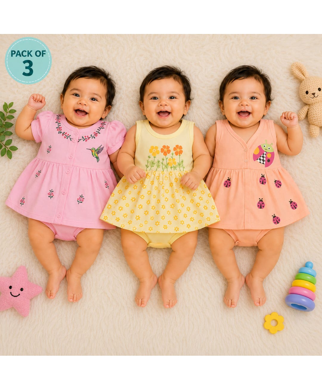 Vaanee Designz Cotton Knit Pack Of 3 Floral & Ladybugs Printed Dress Style Onesies - Pink Yellow & Peach-image-43