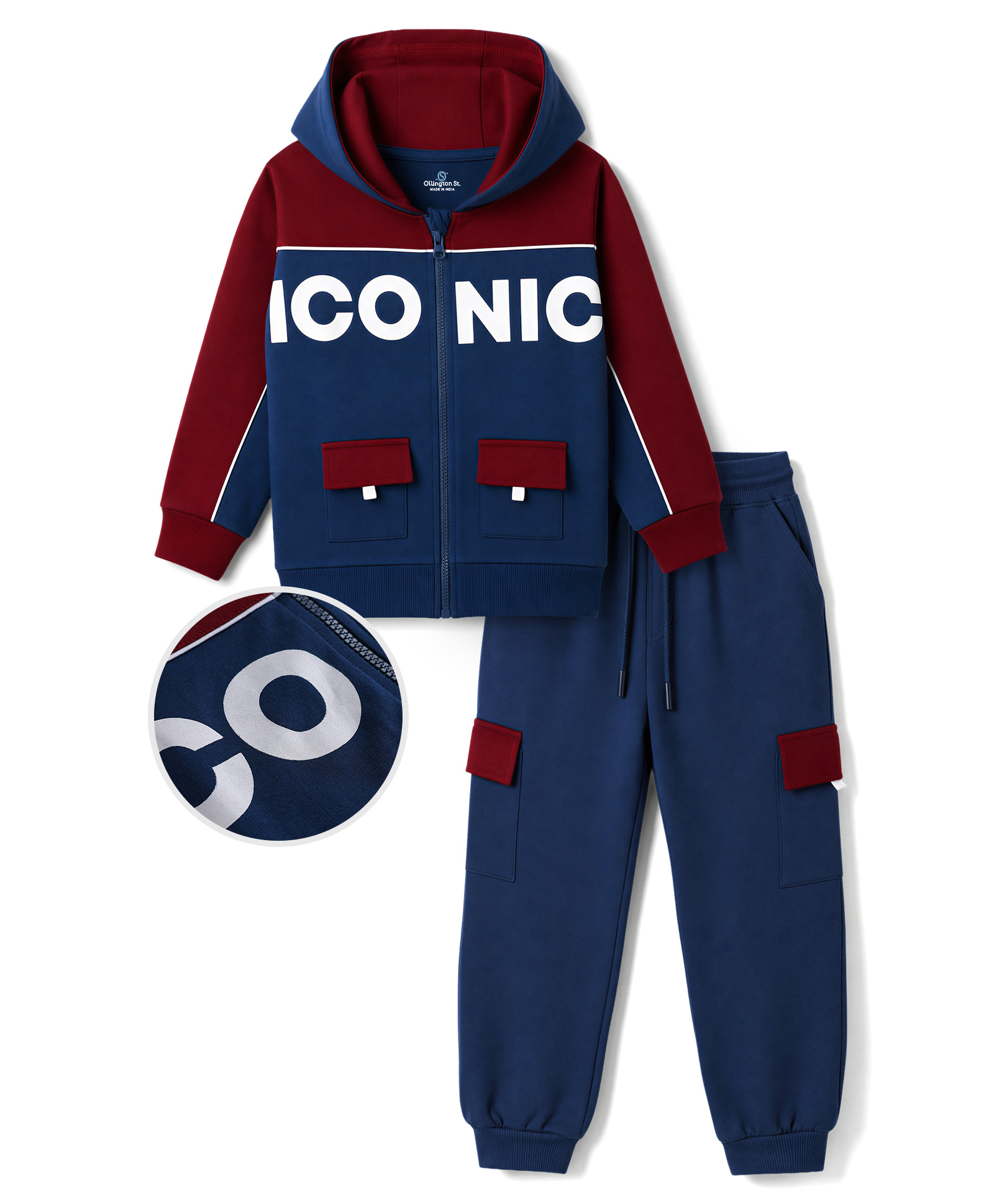 Ollington St. Winterwear Cotton Knit Printed Full Sleeves Zipper Sweatshirt With Hoodie & Joggers -Multicolour & Navy-image-22