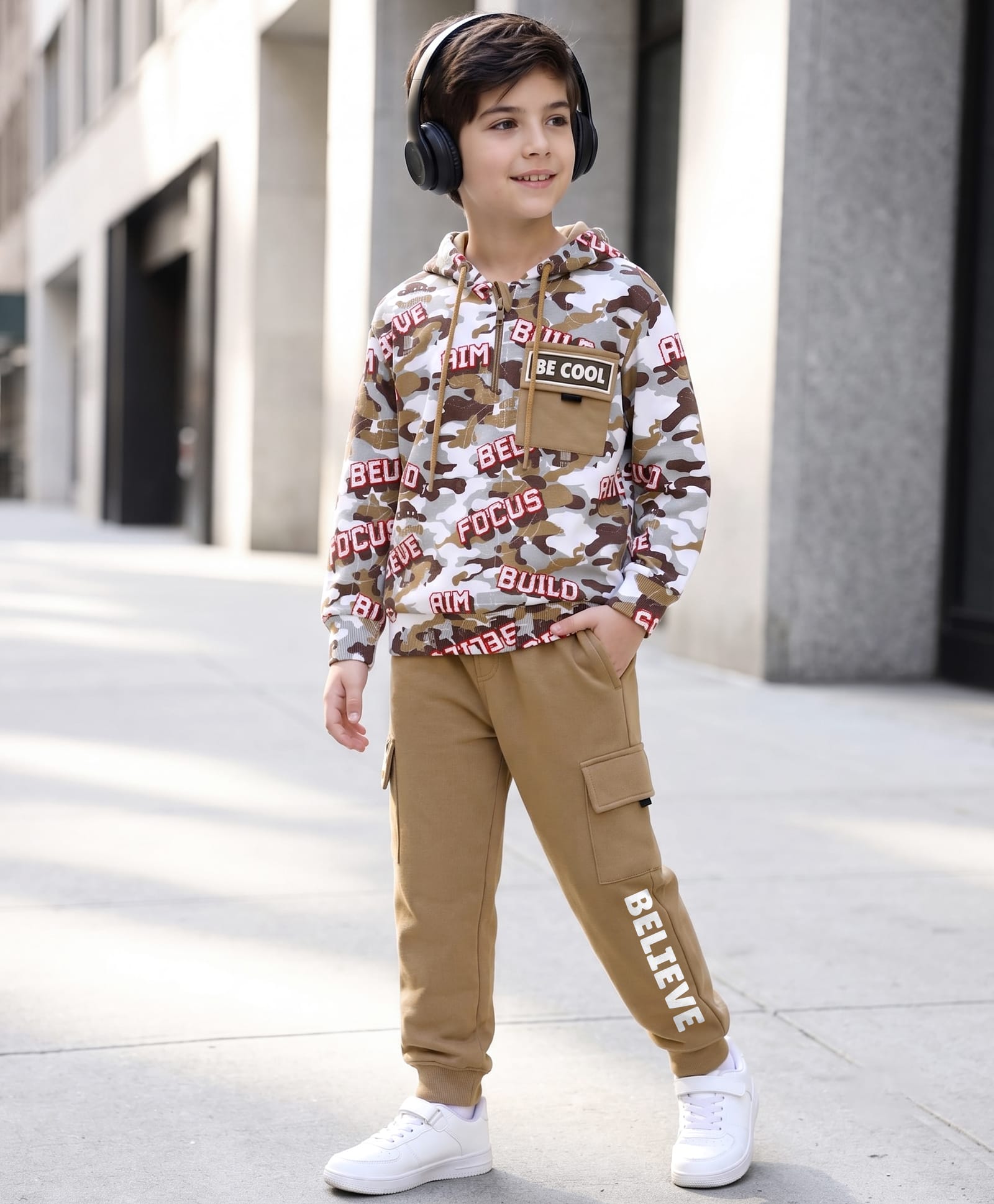OLLINGTON ST. Full Sleeves Winterwear Cotton Knit Camouflage & Text Printed Sweatshirt With Hoodie & Joggers Set -Multicolour & Khaki-picture-29