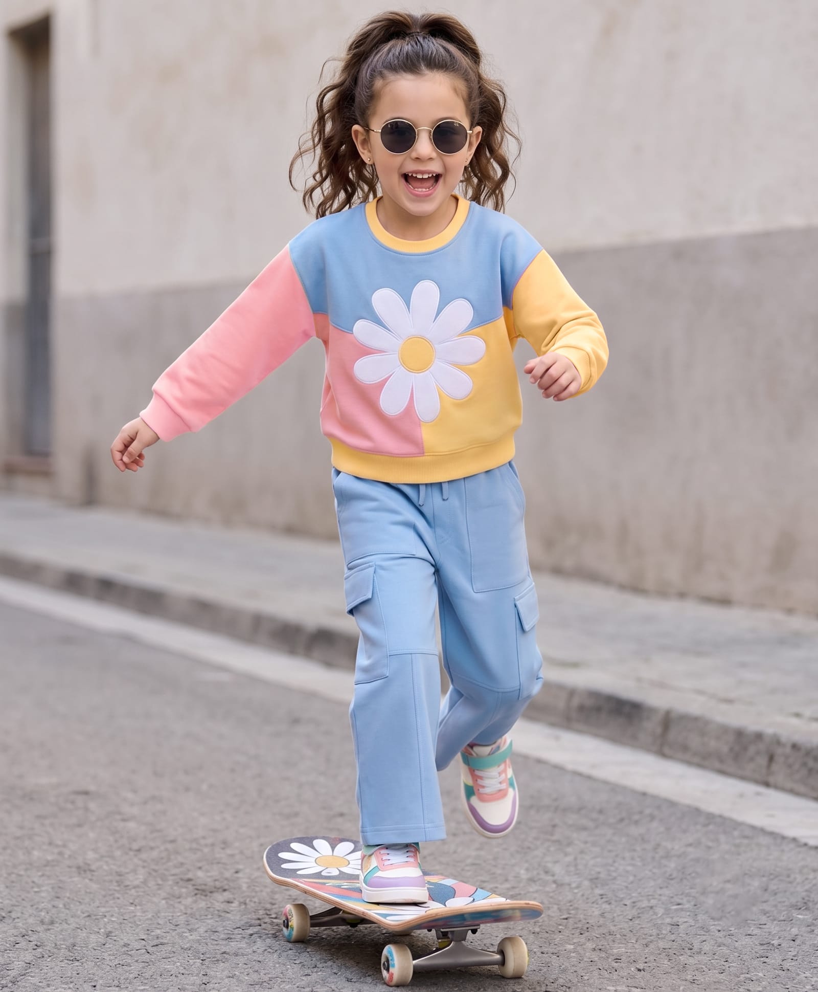 OLLINGTON ST. Sinker Cotton Knit Full Sleeves Floral Patch Top & Culottes Set - Blue & Pink-image-18