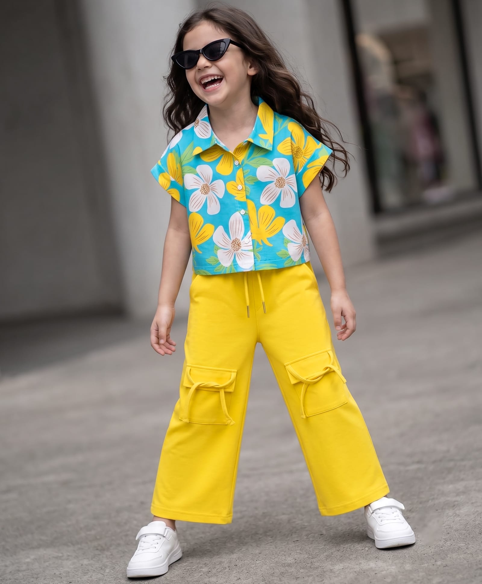 OLLINGTON ST. Set Of Cotton Knit Half Sleeve Floral Printed Top & Culottes - Multicolour & Yellow-picture-26