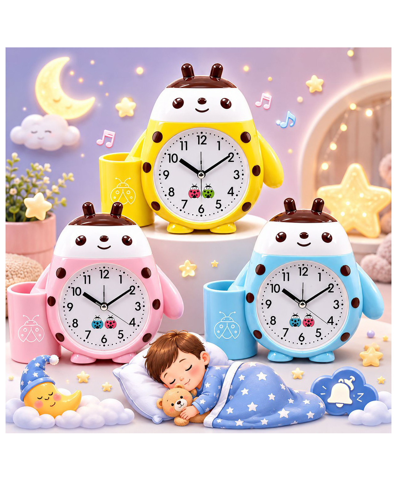 Sanjary Cute Kids Cartoon Animal Alarm Clock with Pen Holder Study Table Clock Bedroom Decor Gift for Boys Girls color design may vary-image-48
