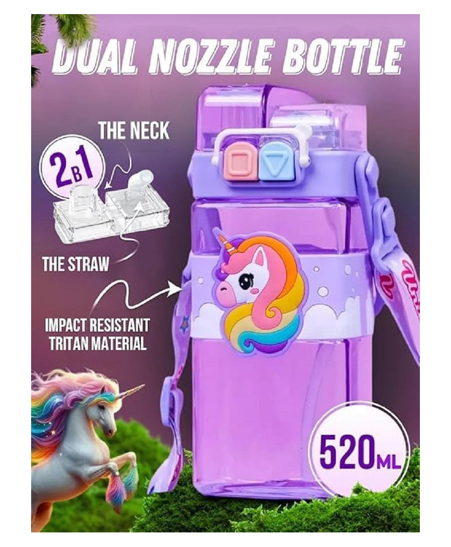 Sanjary Cute Unicorn Water Bottle with Straw Leakproof Portable Carry Strap Drinking Bottle for Kids Adults School Travel 520ml color design may vary-picture-39