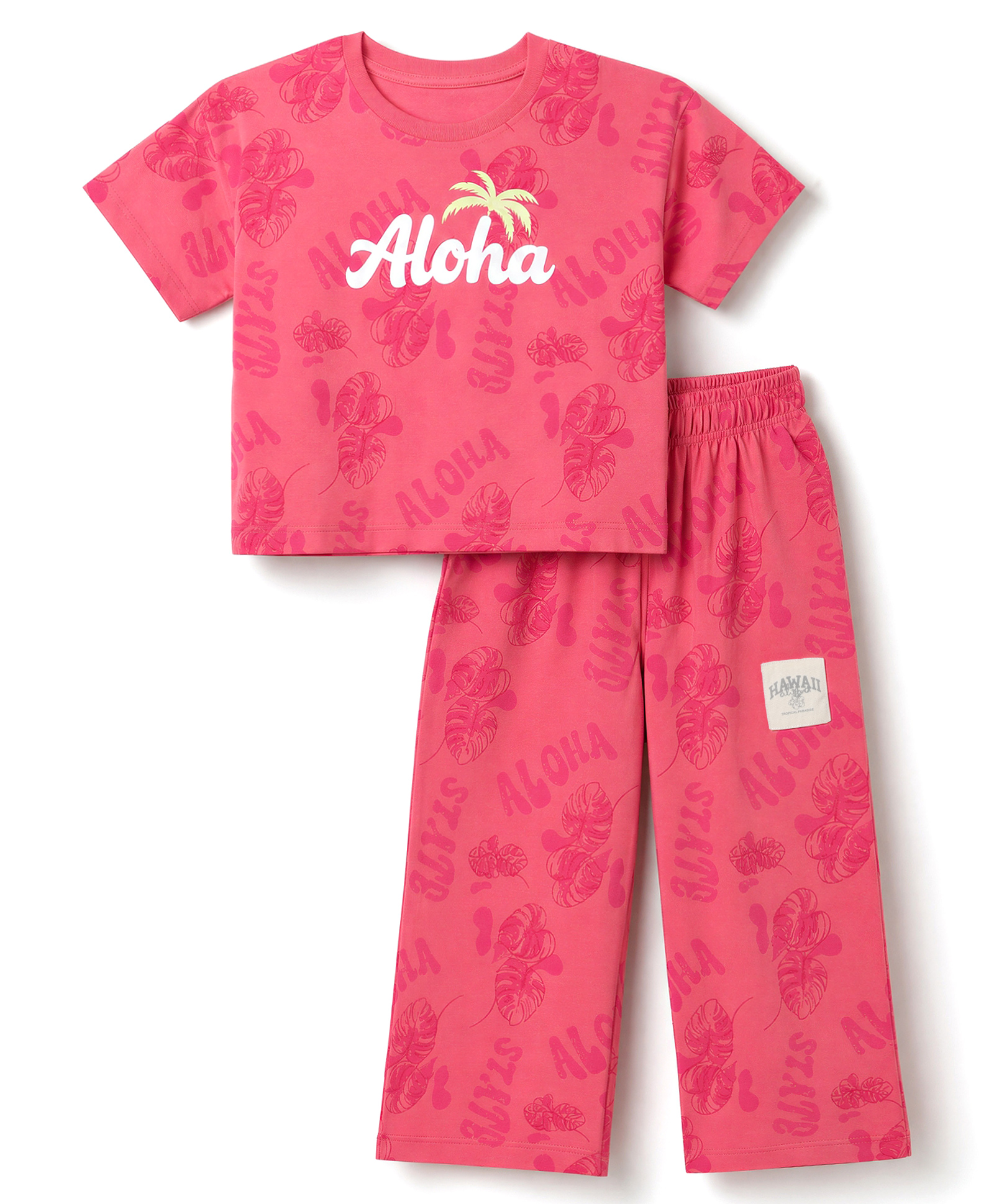 Doreme Sinker Knit Half Sleeves Leafy Printed Top & Joggers Set - Dark Pink-image-42