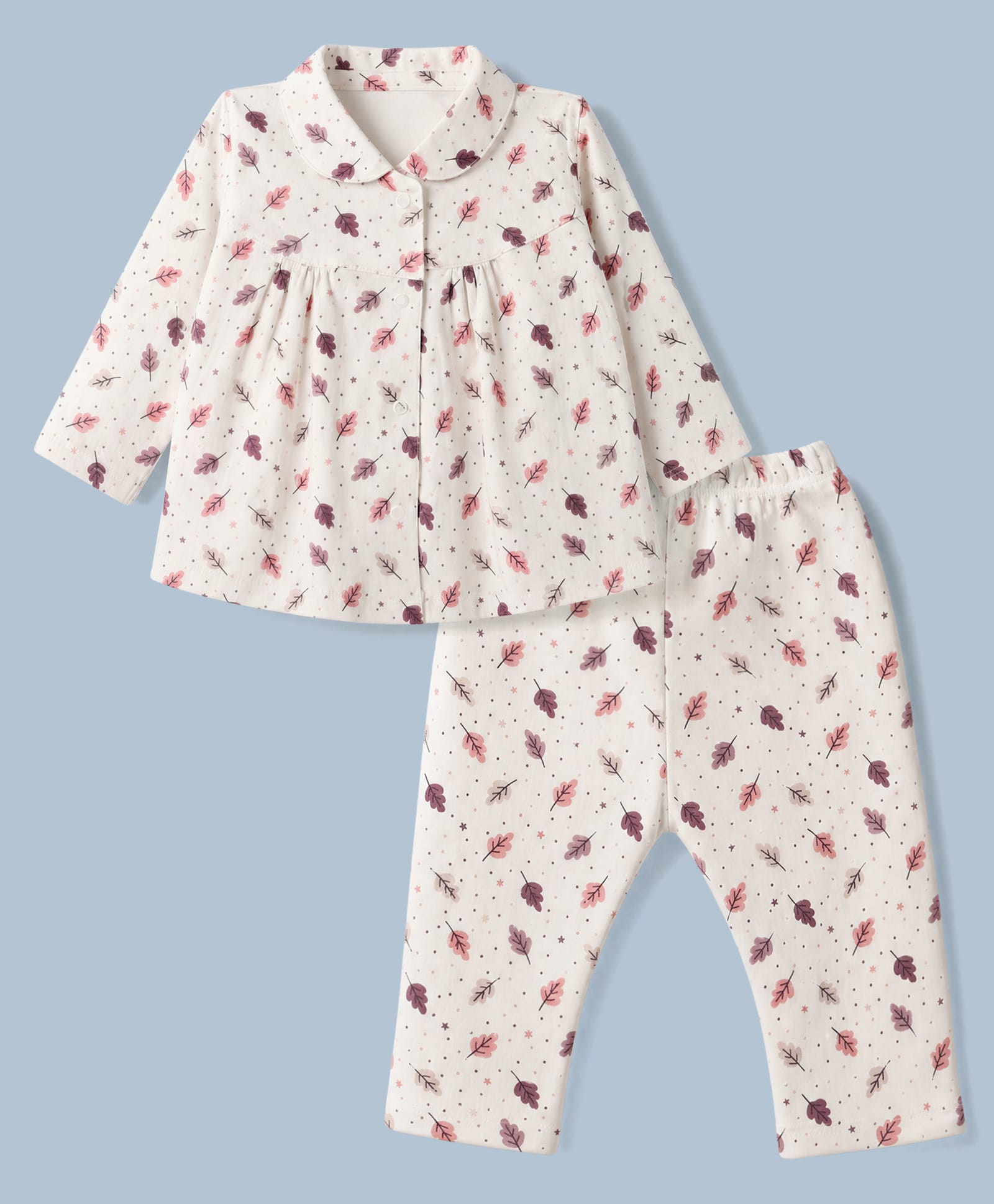 Ben Benny Single Jersey Knit Full Sleeves Co-Ords Top & Pyjama Night Suit with Leaves Print - Beige-image-17