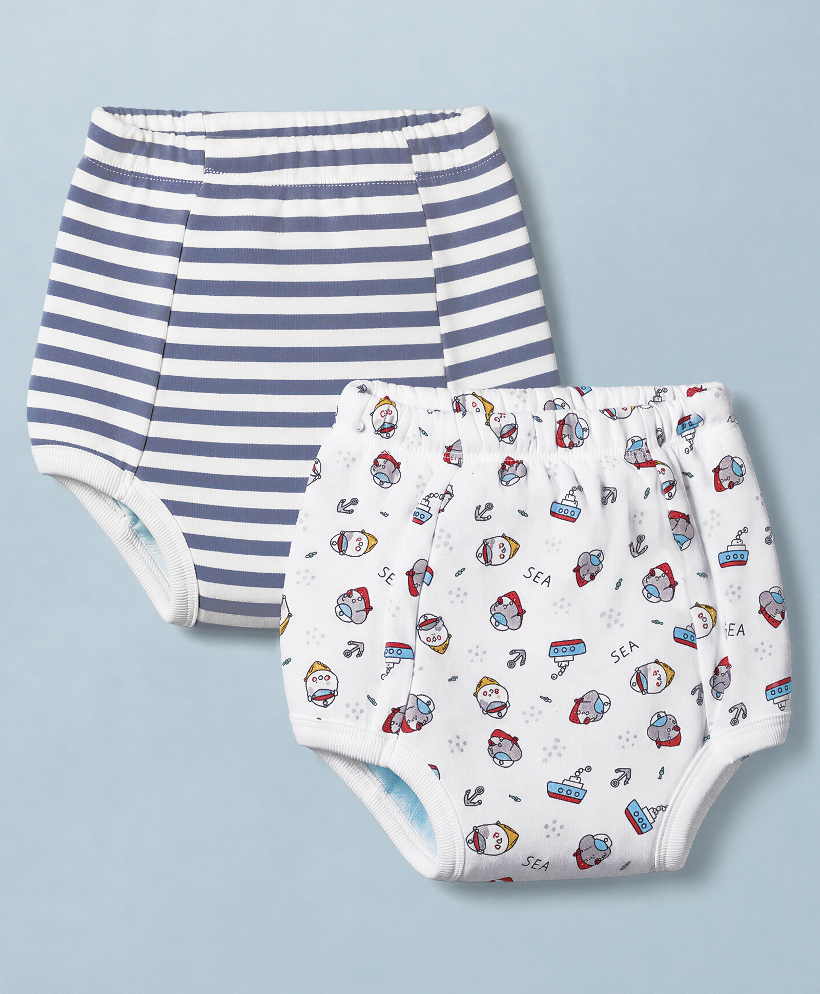 Ben Benny Interlock Knit Mid Thigh Trainers Padded Pants With Stripe & Nautical Print Pack of 2 - White & Grey-picture-20