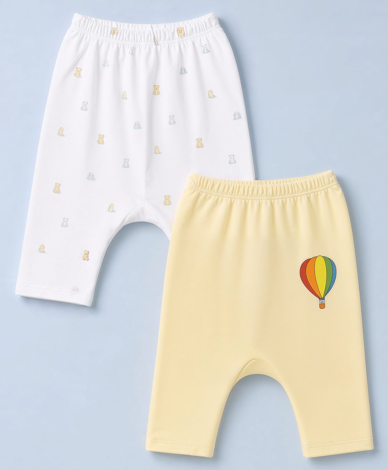 Ben Benny Interlock Knit Full Sleeves Diaper Leggings With Teddy Bear & Hot Air Balloon Print Pack of 2 - White & Light Yellow-image-49
