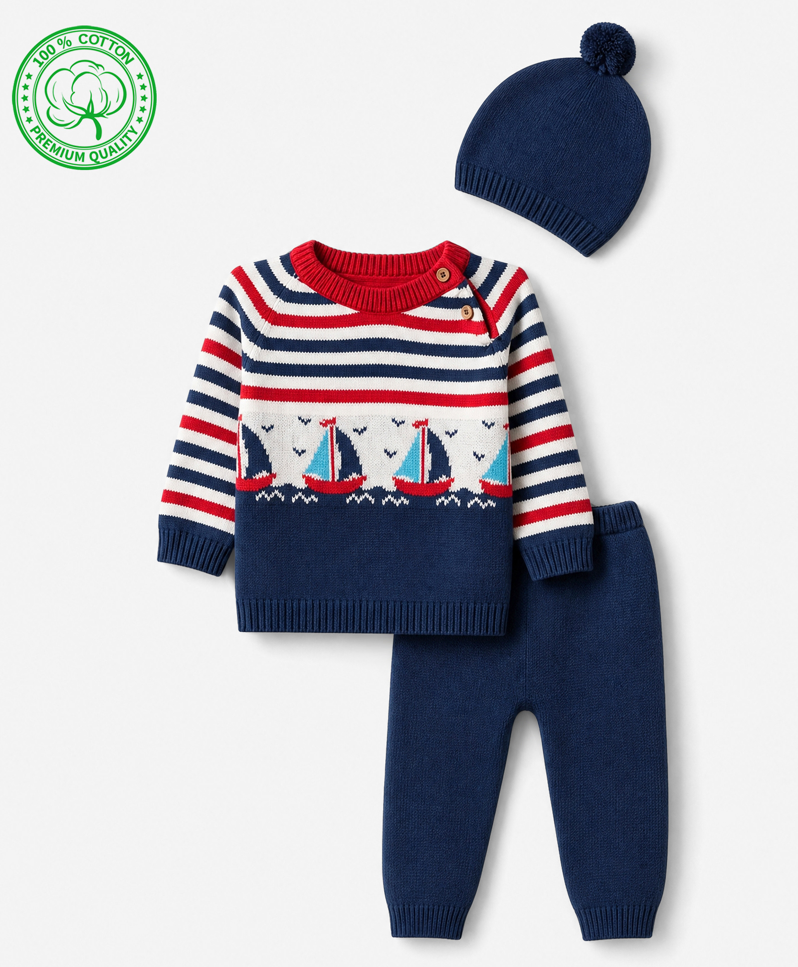 Babyhug Cotton Knit Full Sleeves Striped Sweater Set with Cap & Nautical Theme Design - Navy Blue-picture-28