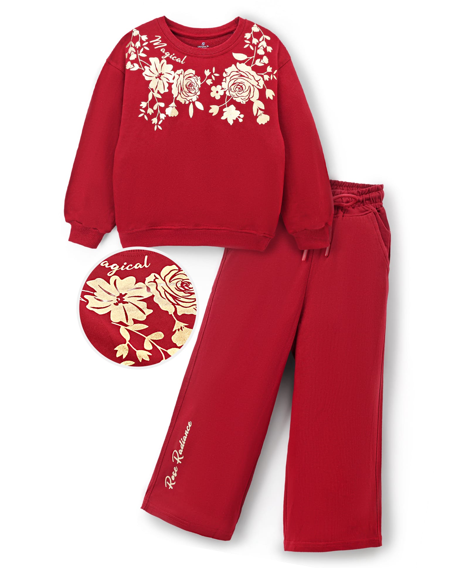 OLLINGTON ST. Looper Knit Full Sleeves Winter Wear Suit With Floral & Text Print - Red-picture-18