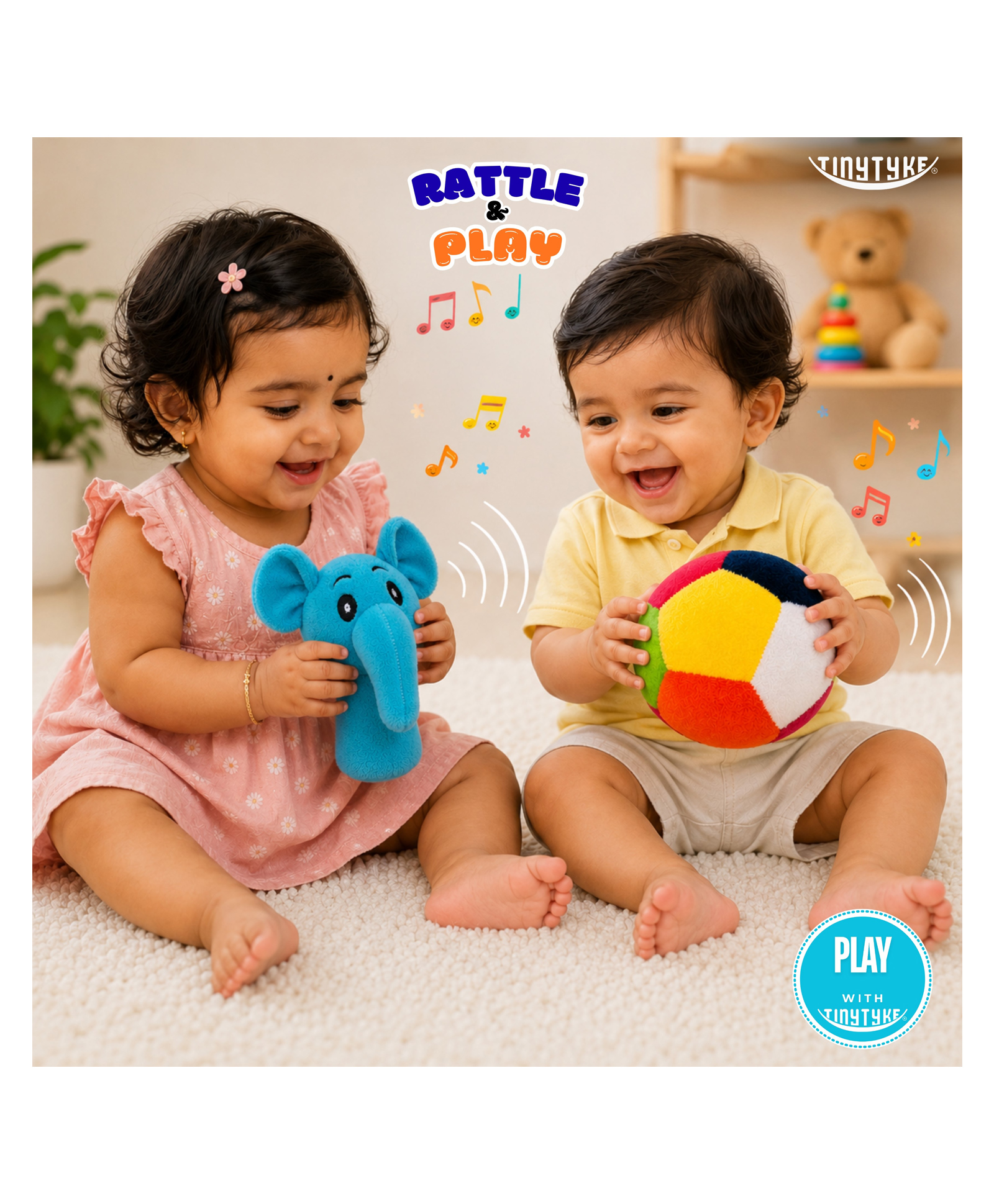 TinyTyke 19 cm Baby Sensory Play Combo Elephant Rattle & Plush Rattle Ball Toy Set , (0+ Months)-image-36