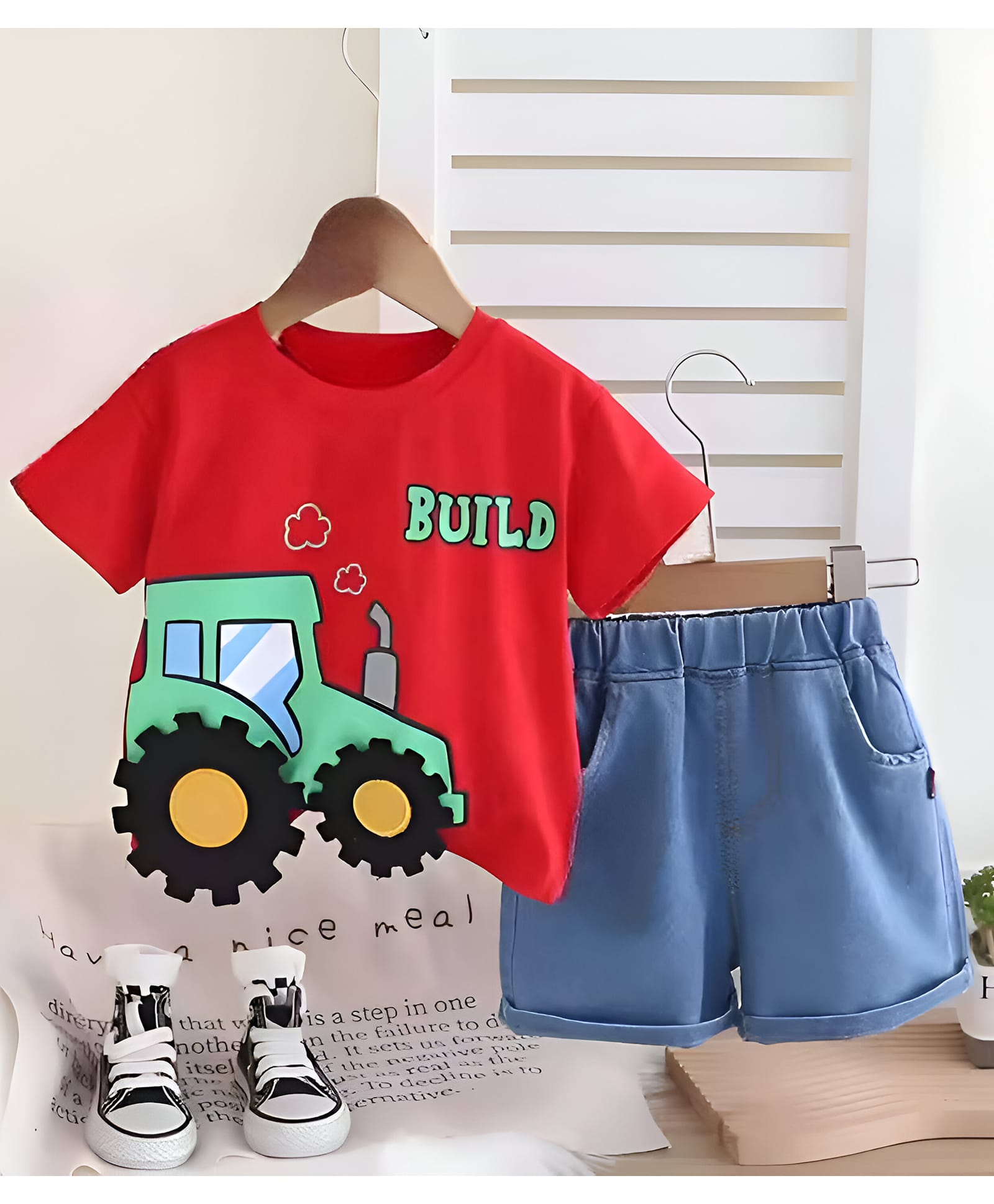 Googo Gaaga Cotton Knit Half Sleeves Tractor Printed Tee & Shorts Set - Red-image-33