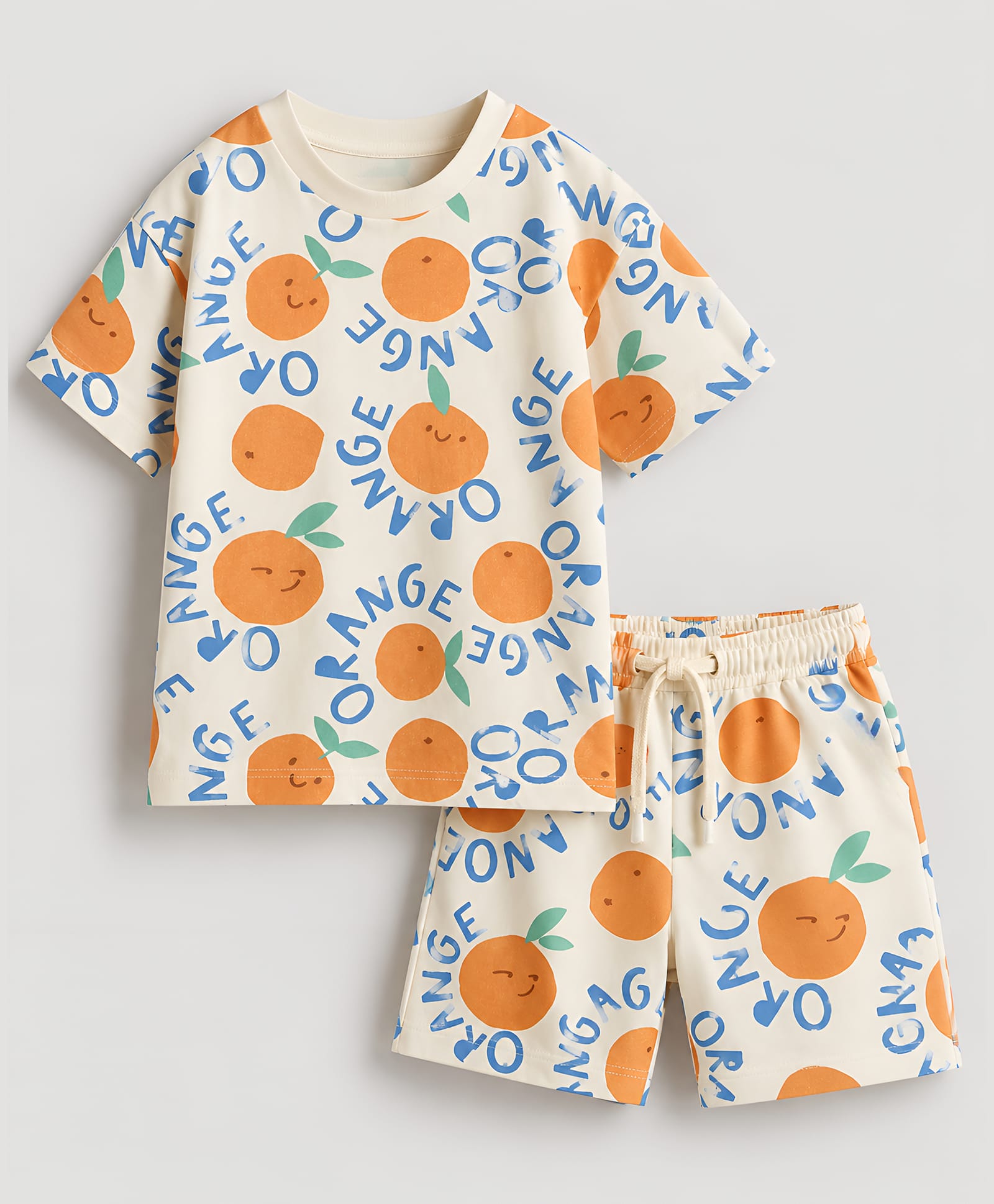 Googo Gaaga Cotton Knit Half Sleeves Oranges Printed Coordinating Tee & Shorts Set - Cream-picture-31