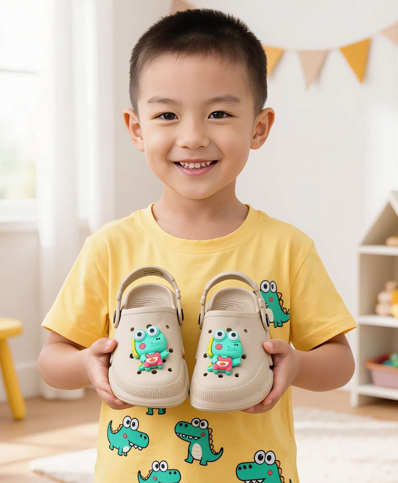 Yellow Bee Dinosaur Applique Detailed Perforated Slingback Clogs - Beige-picture-27