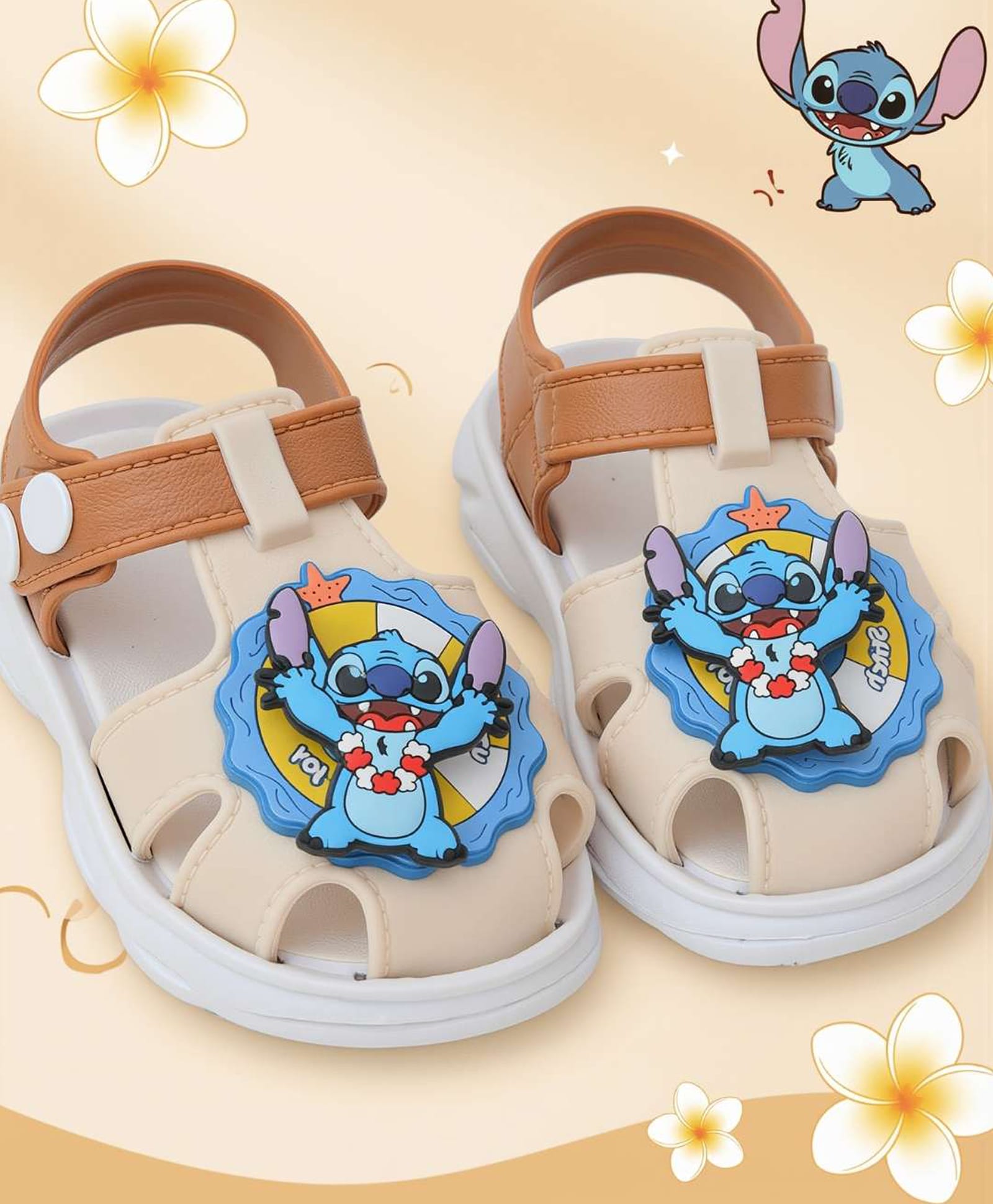 Yellow Bee Disney Featuring Rotating Stitch Applique Detailed Colour Blocked & Perforated Buckle Closure Sandals - Beige-image-8