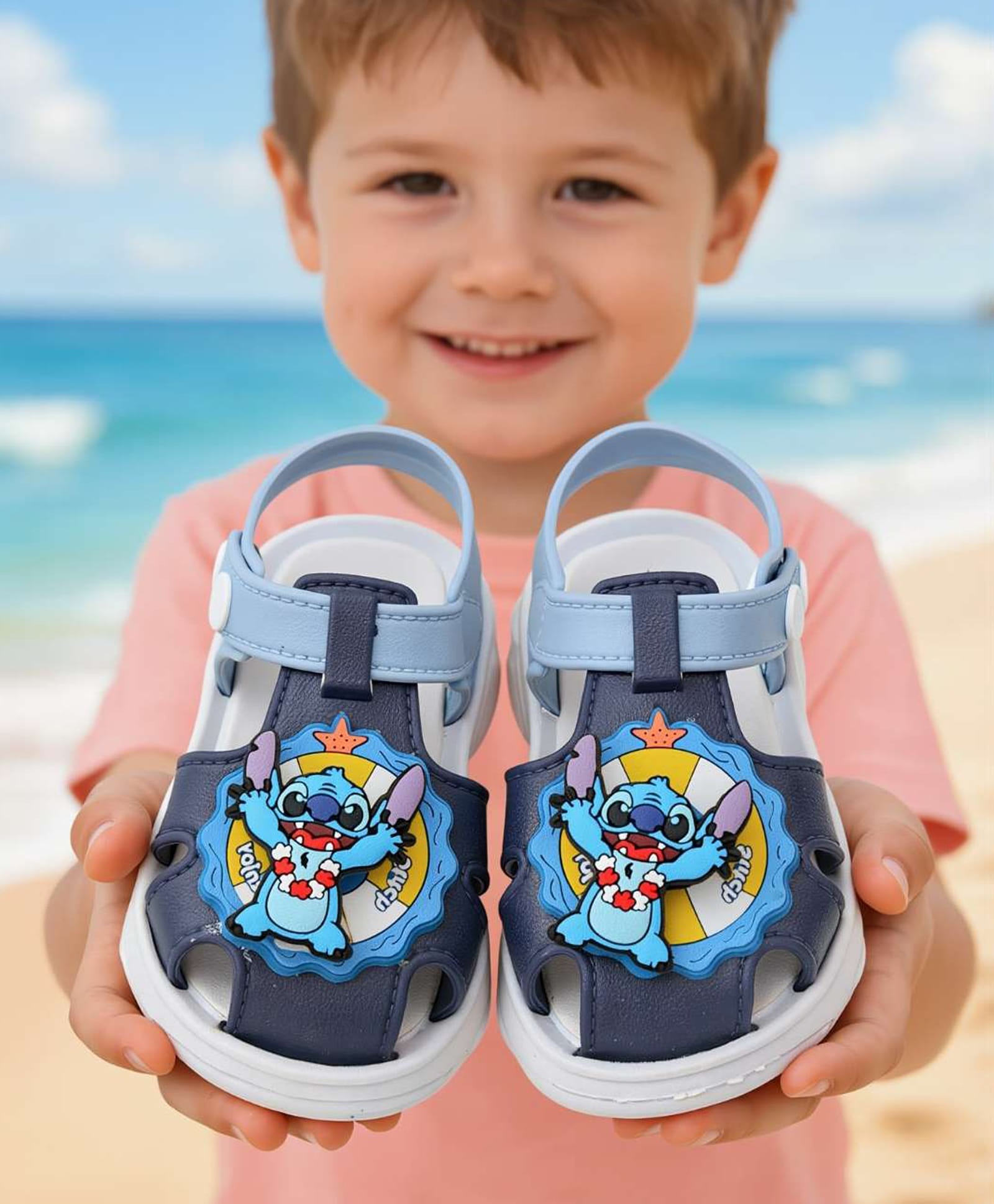 Yellow Bee Disney Featuring Rotating Stitch Applique Detailed Colour Blocked & Perforated Buckle Closure Sandals - Navy Blue-picture-47