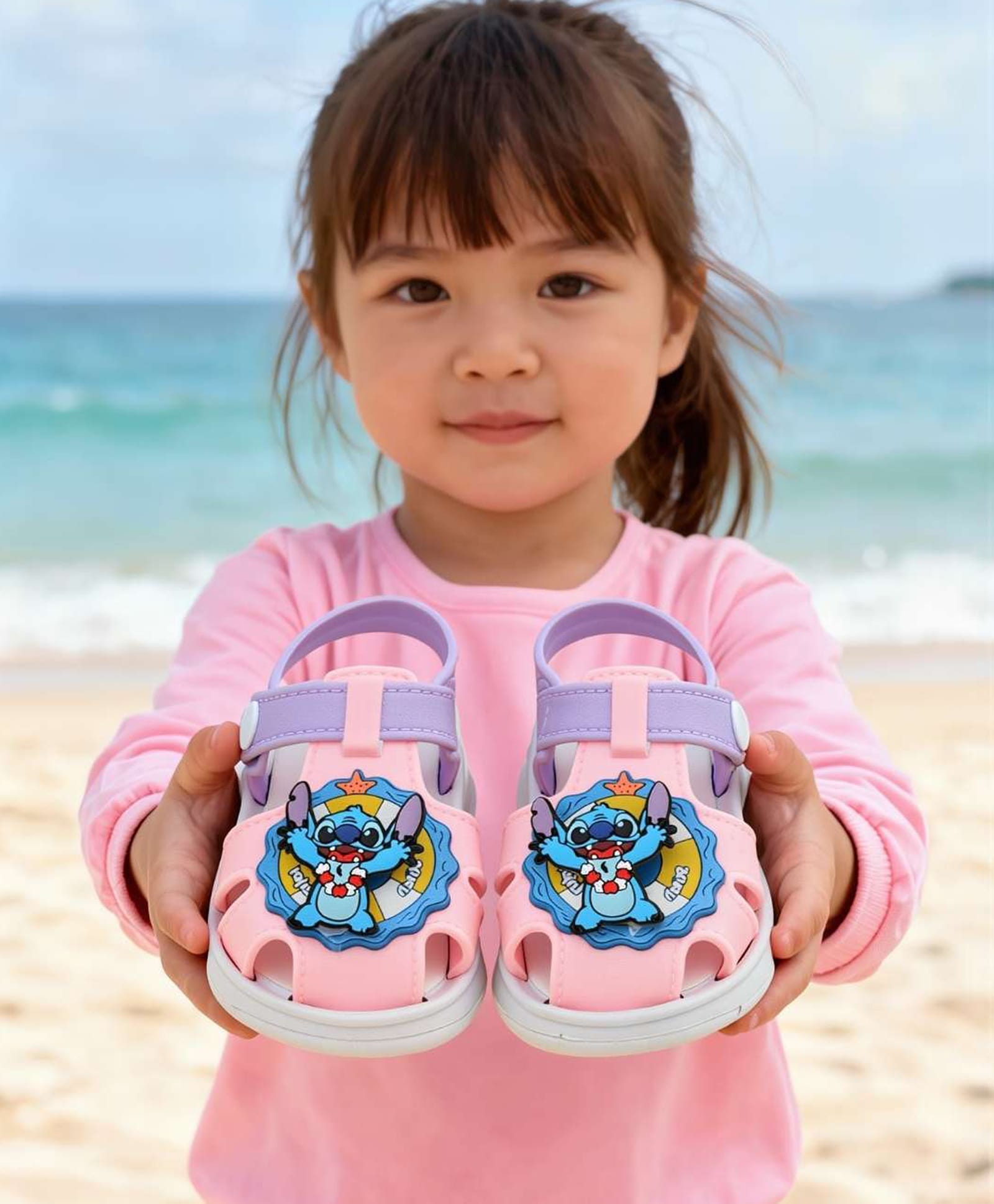 Yellow Bee Disney Featuring Rotating Stitch Applique Detailed Colour Blocked & Perforated Buckle Closure Sandals - Pink-picture-21