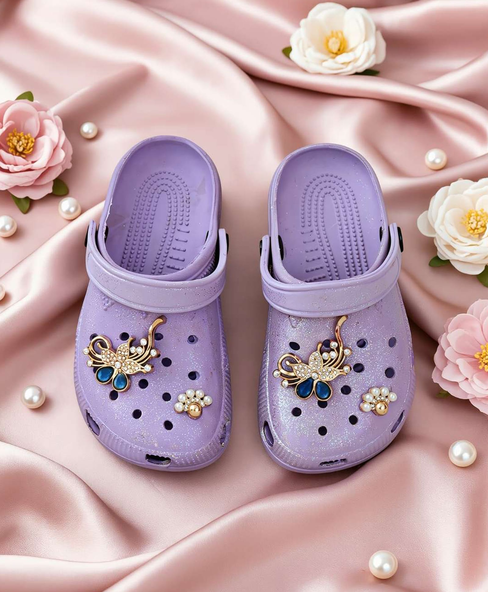 Yellow Bee Pearl & Stone Embellished Floral Design Metal Applique Detailed Clogs - Purple-picture-24