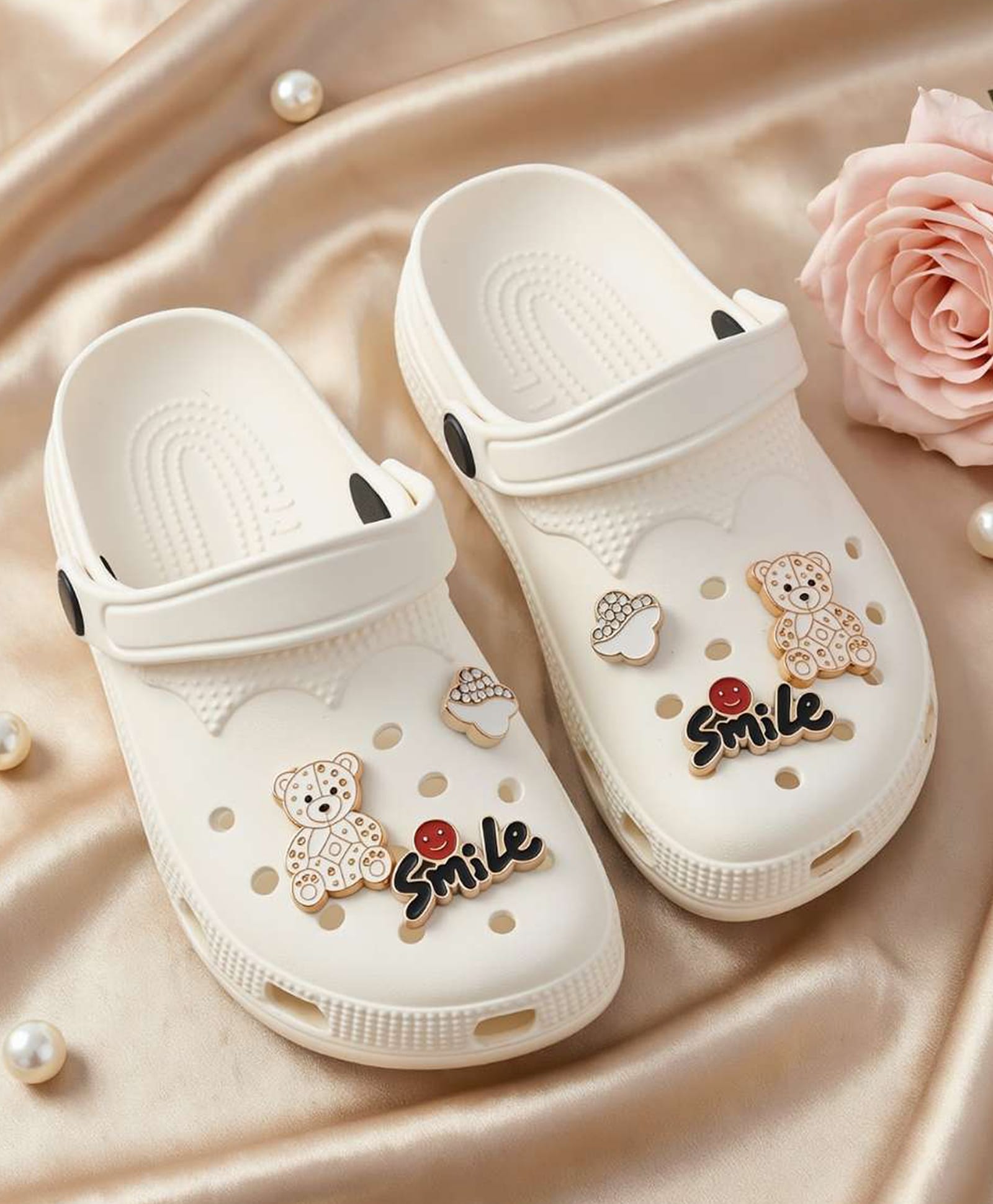 Yellow Bee Teddy Bear Metal Applique Detailed Perforated Slingback Clogs - White-image-24