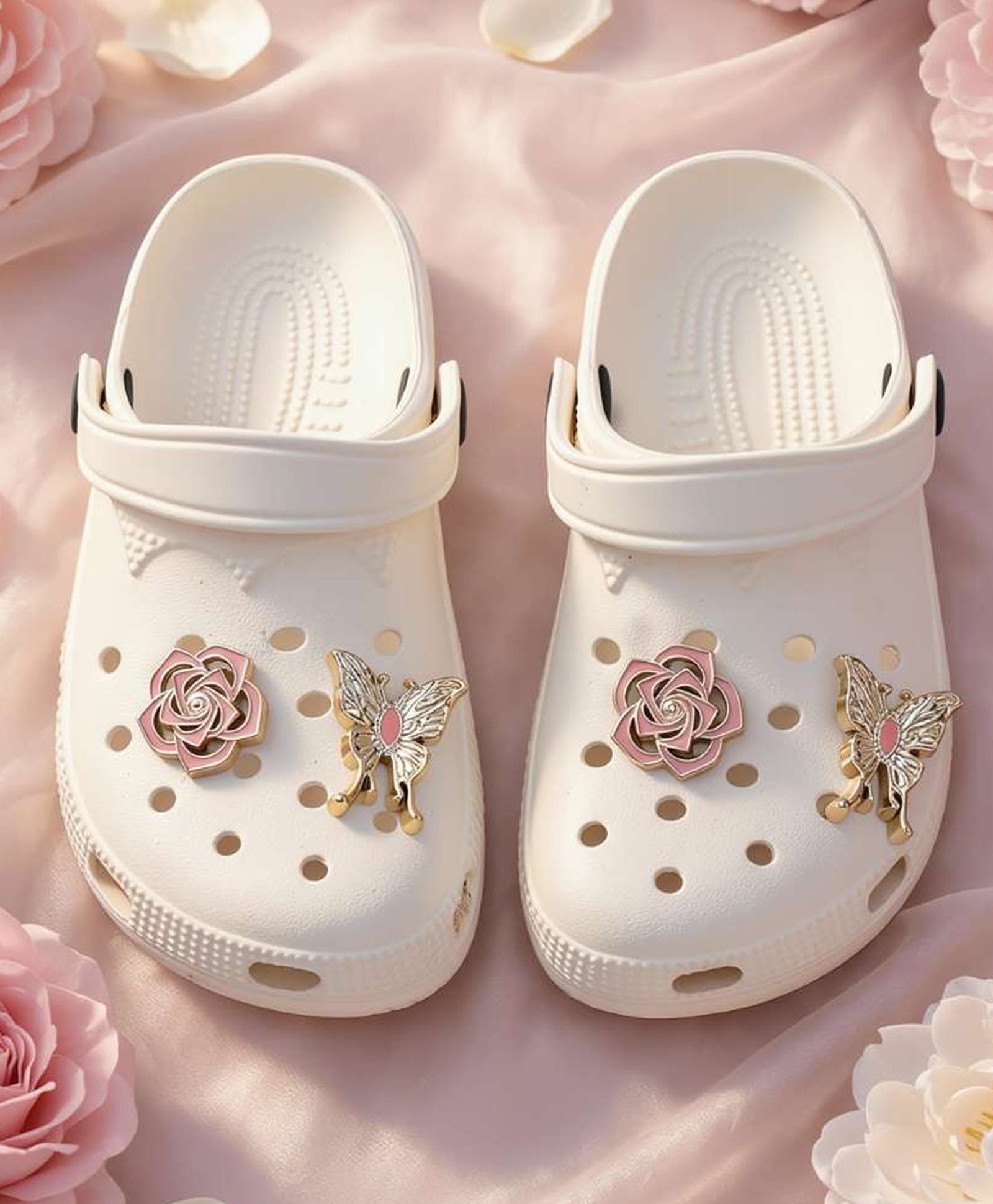 Yellow Bee Floral & Butterfly Metal Applique Detailed Perforated Slingback Clogs - White-picture-42