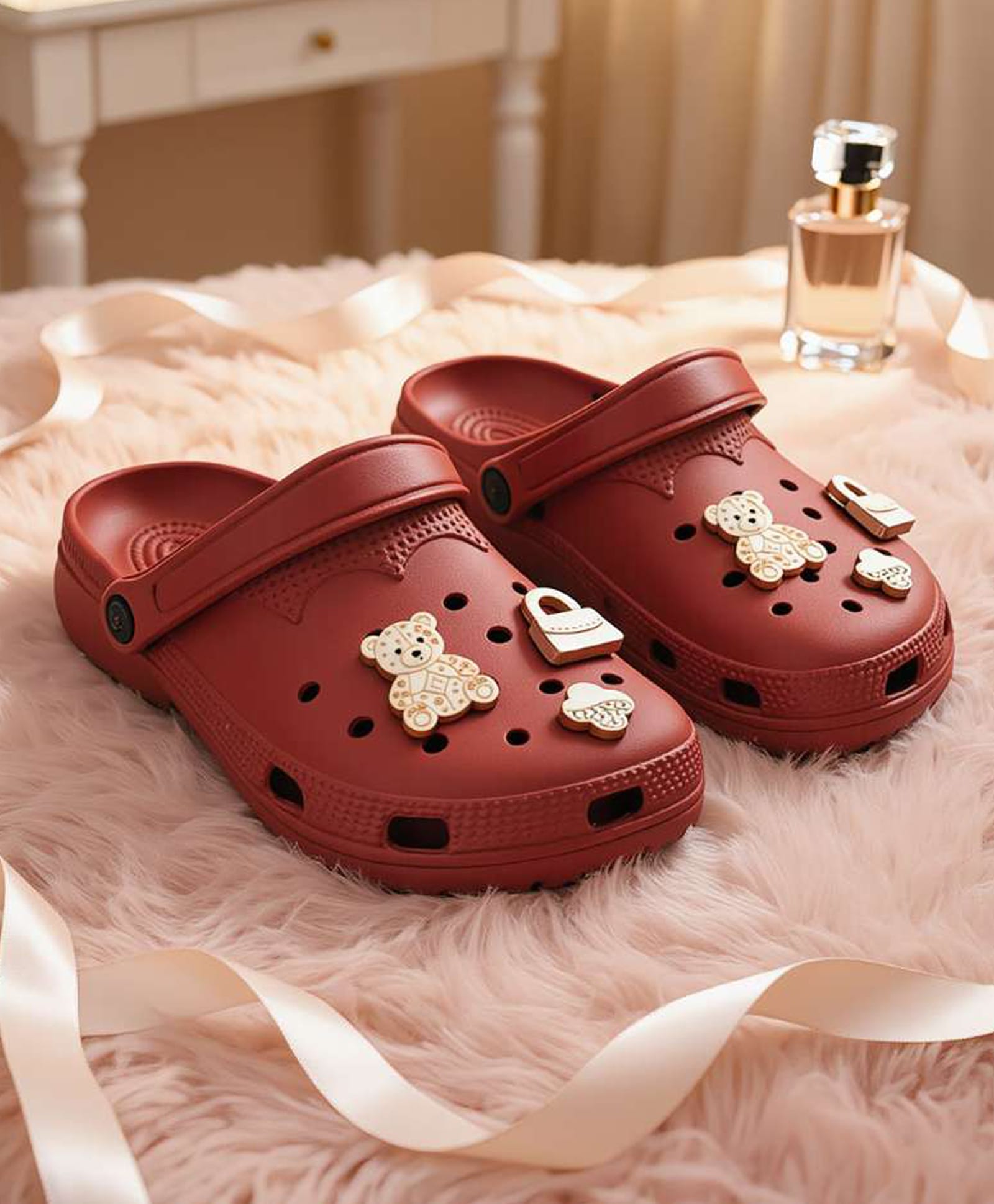 Yellow Bee Teddy Bear Metal Applique Detailed Perforated Slingback Clogs - Red-image-42
