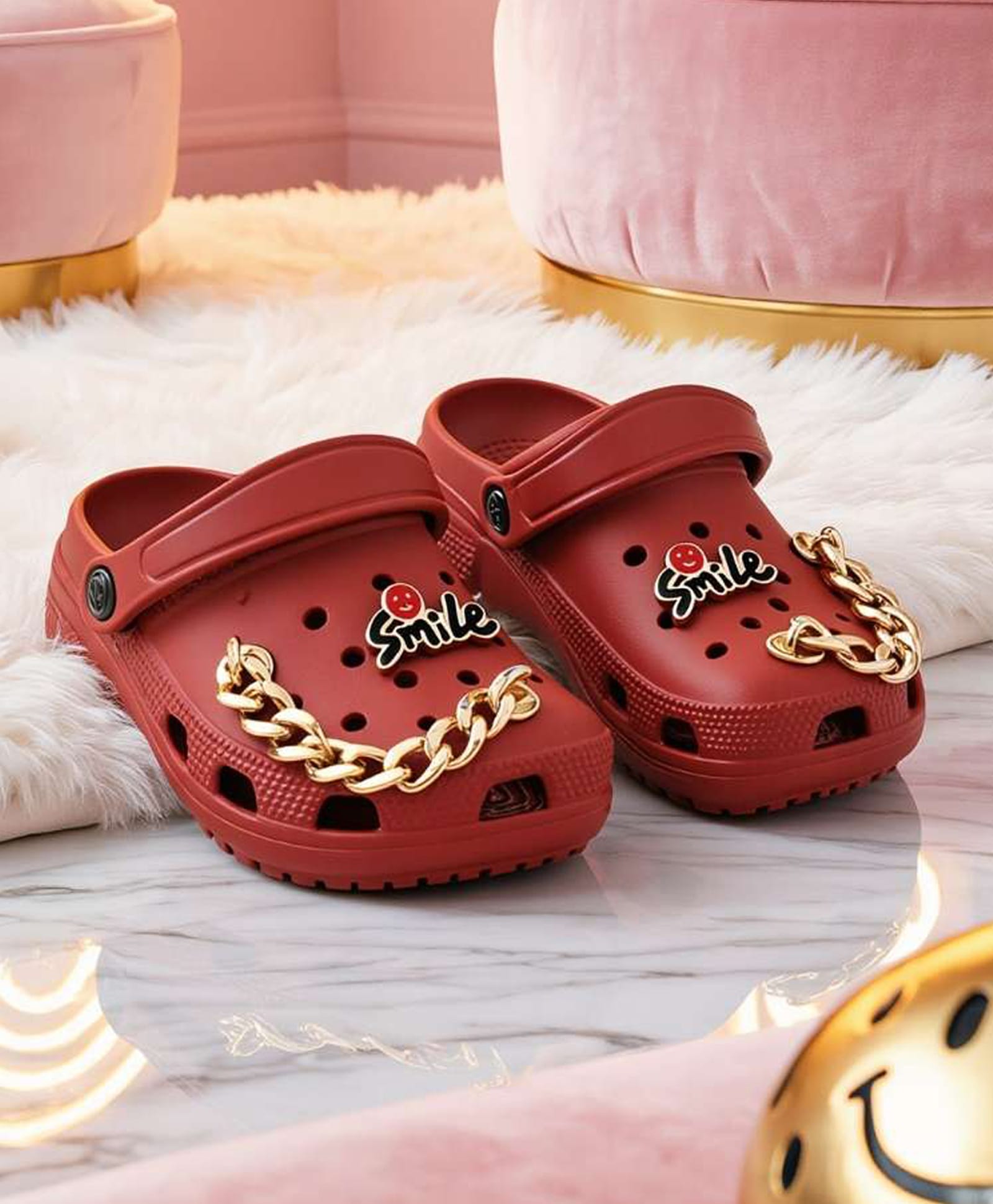 Yellow Bee Metal Chain Applique Detailed Perforated Slingback Clogs - Red-image-33