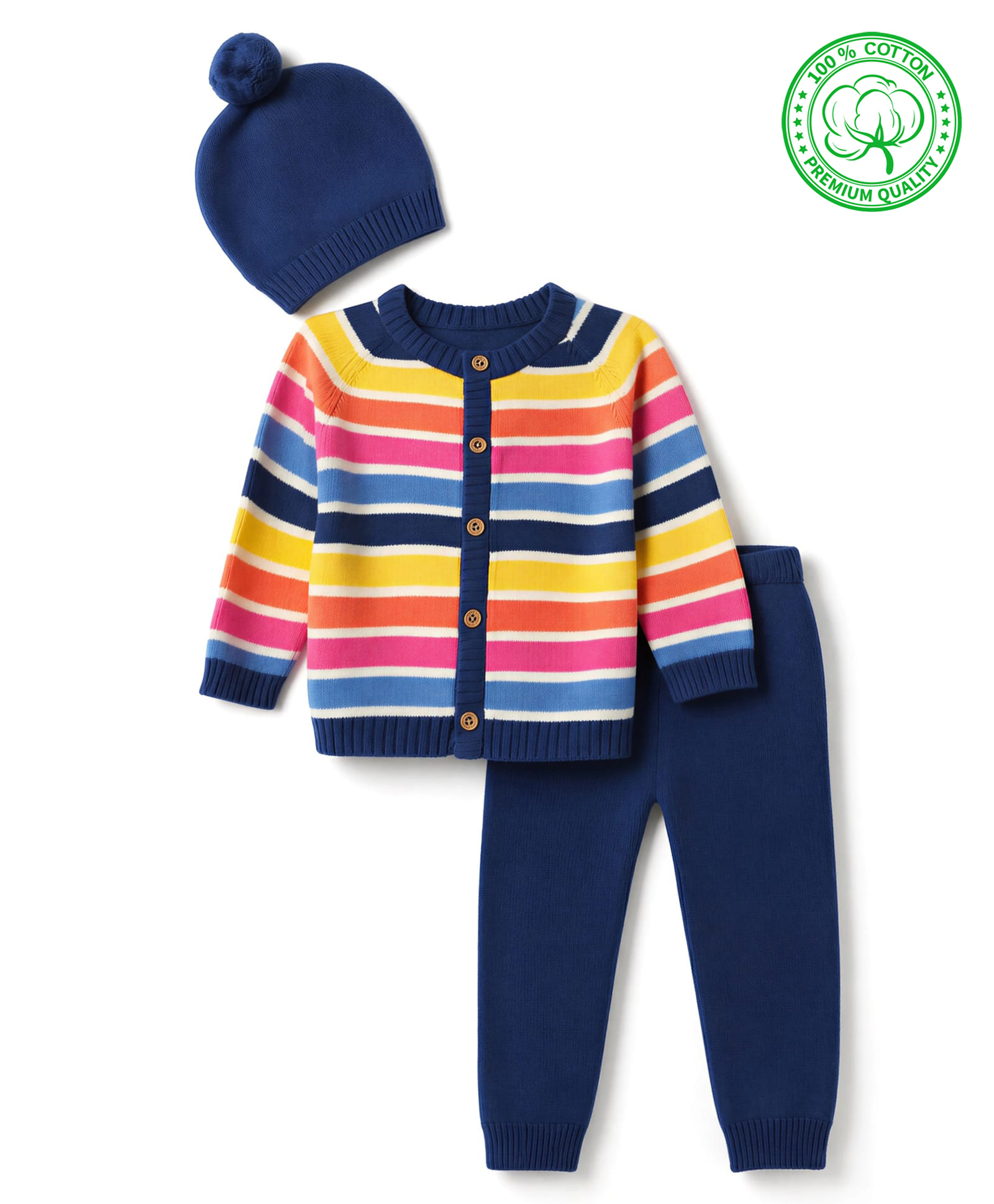 Babyhug Cotton Knit Full Sleeves Striped Sweater Set with Cap - Navy Blue-image-20