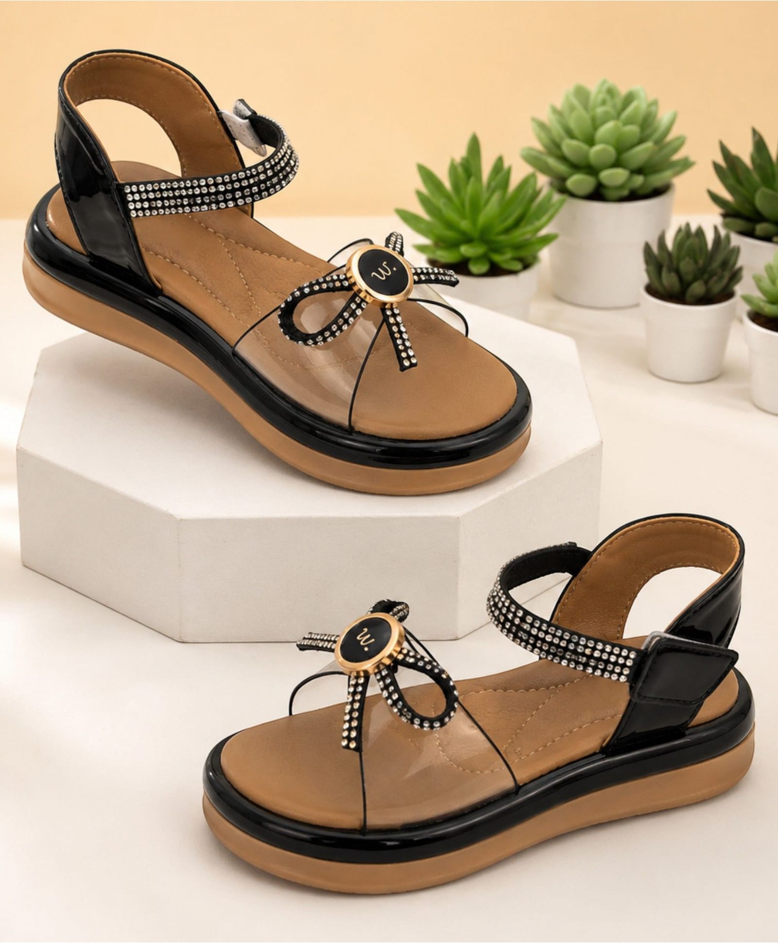 Freeplay Stones Embellished Bow Applique Detailed Velcro Closure Sandals - Black-picture-39