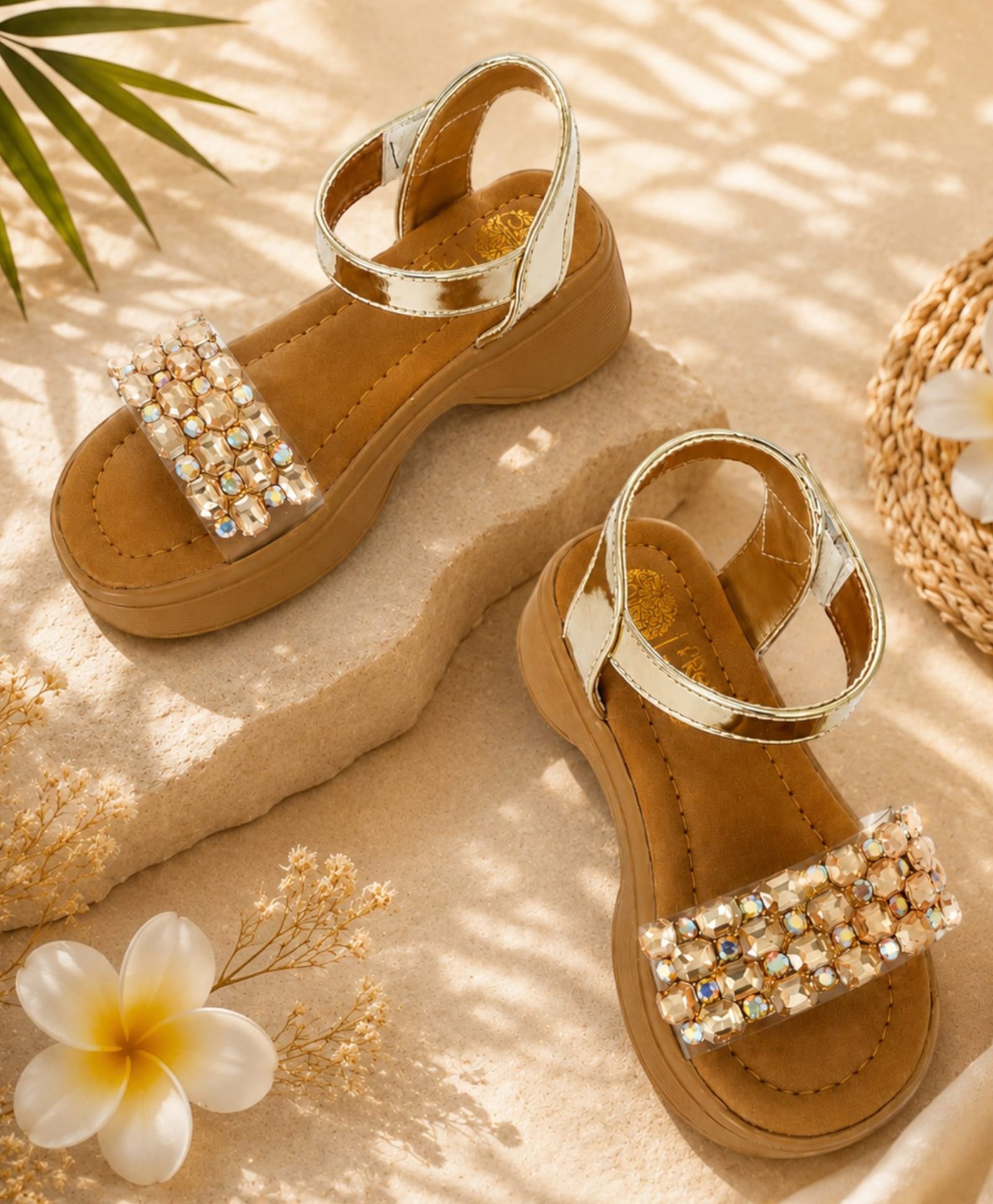 Freeplay Stones Embellished Velcro Closure Heel Sandals - Gold-picture-18