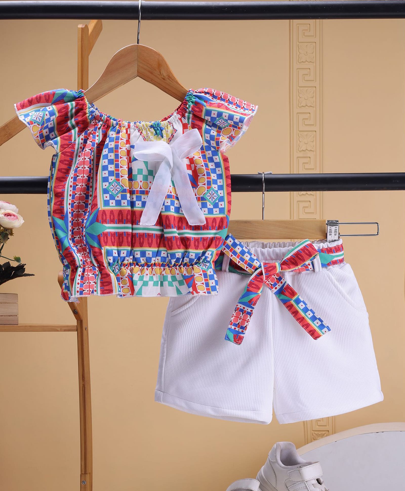 TOONYPORT Cotton Knit Cap Sleeves Geometric Printed Top & Shorts Set - Red-picture-25