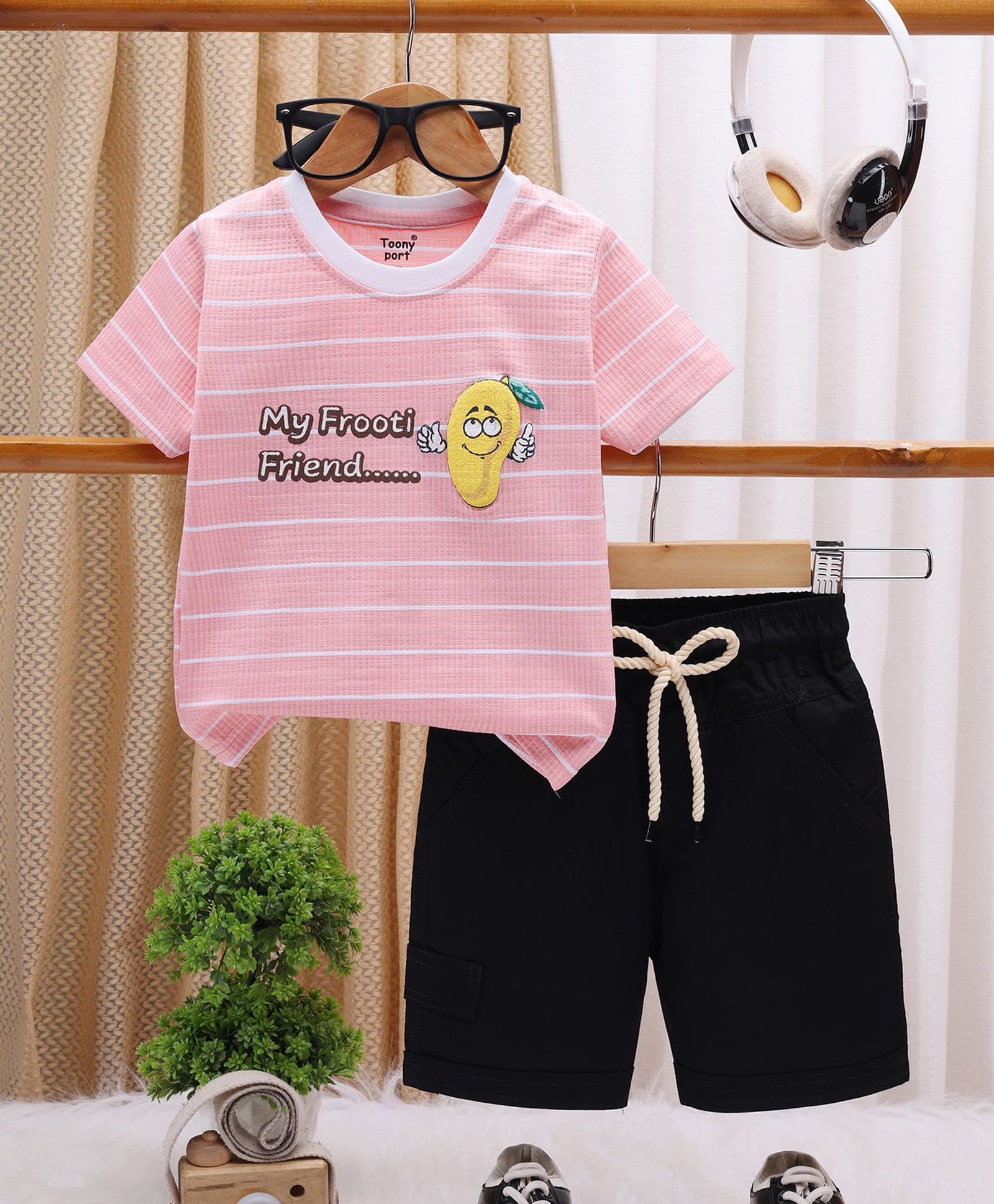 TOONYPORT Cotton Knit Half Sleeves Mango Printed Striped Tee & Shorts Set - Pink-image-20