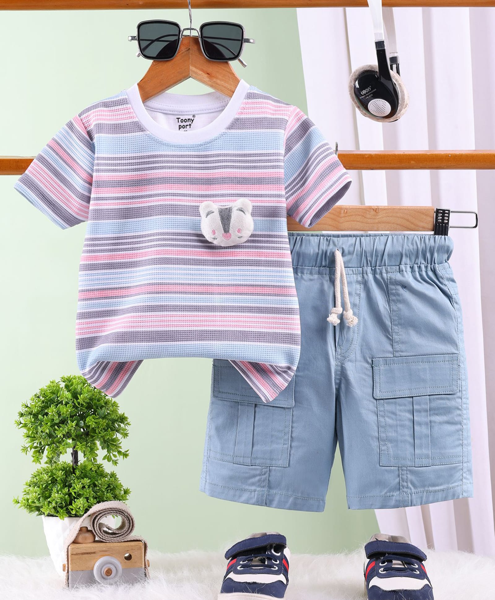 TOONYPORT Cotton Knit Half Sleeves Bear Applique Detailed Striped Tee & Shorts Set - Blue-image-24
