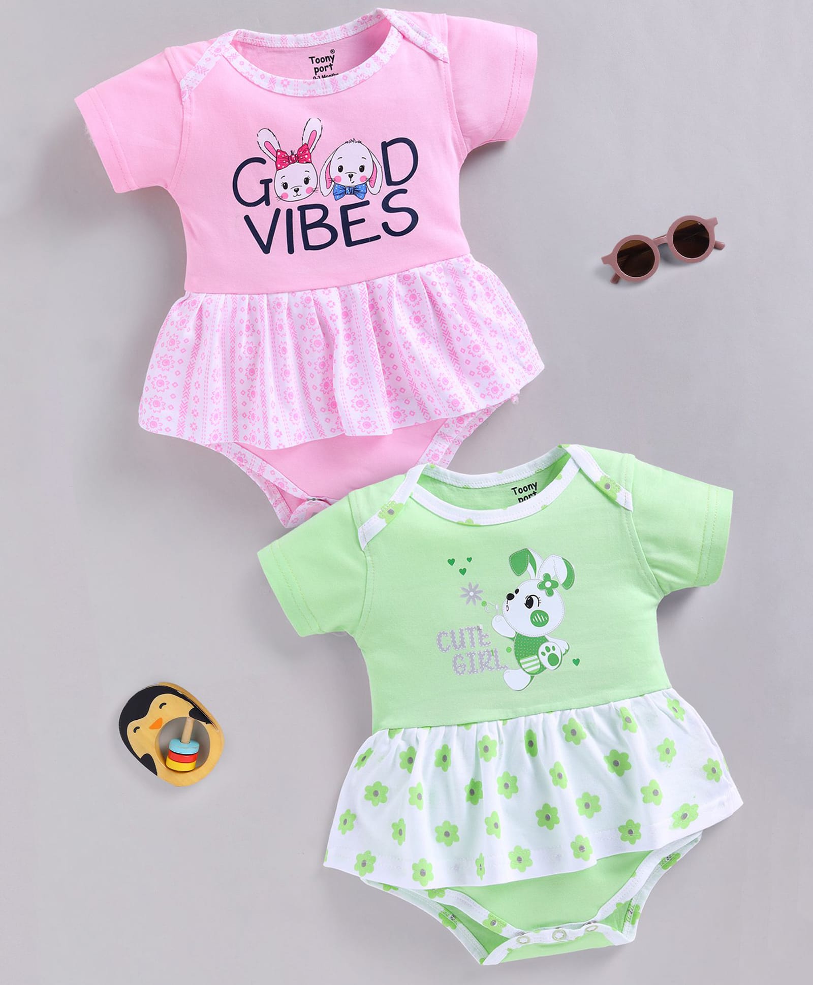 TOONYPORT Cotton Knit Pack Of 2 Half Sleeves Bunny & Typography Printed Frock Style Onesie - Pink & Green-image-6