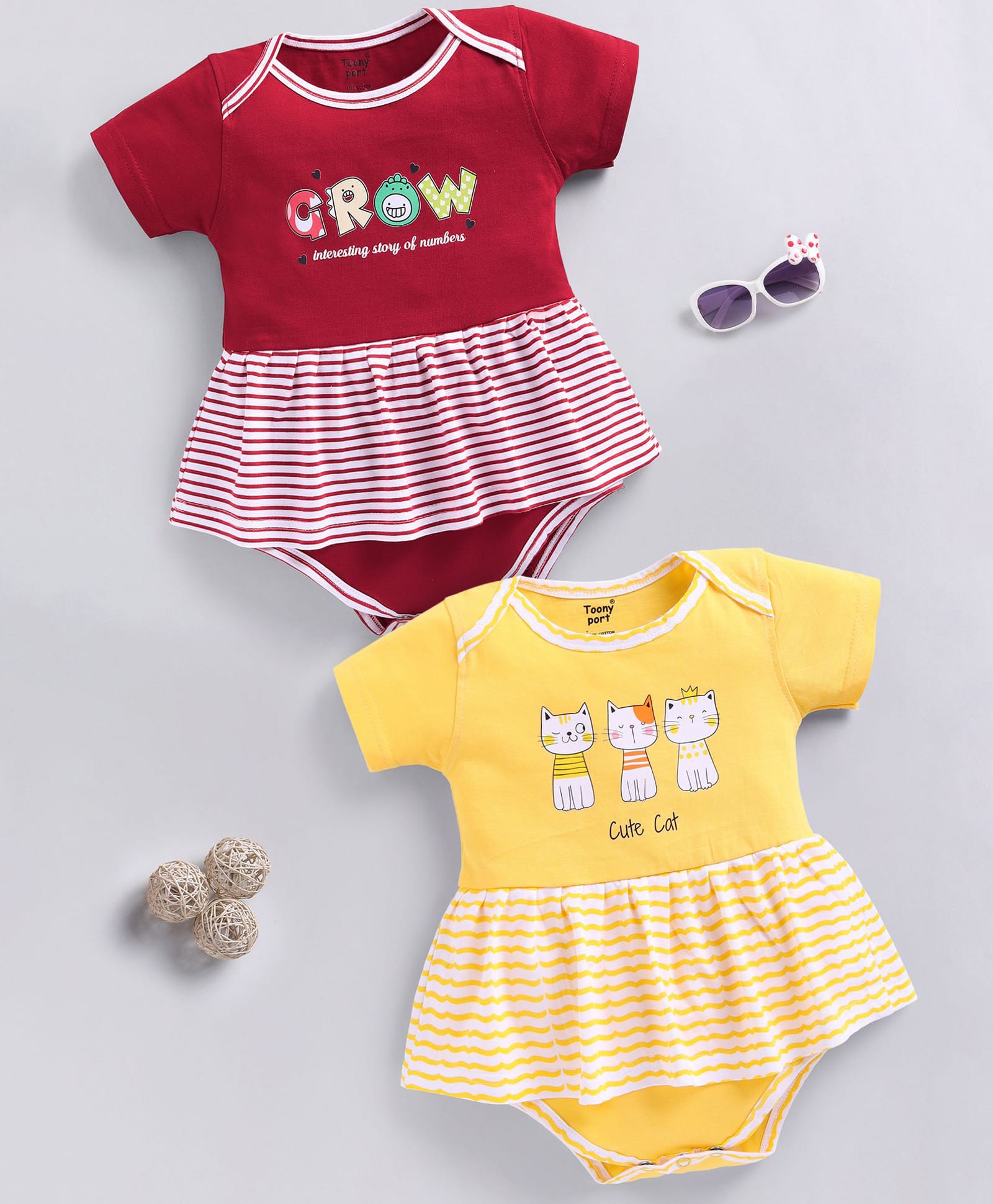 TOONYPORT Cotton Knit Pack Of 2 Half Sleeves Cats & Grow Text Printed Frock Style Onesie - Red & Yellow-image-22