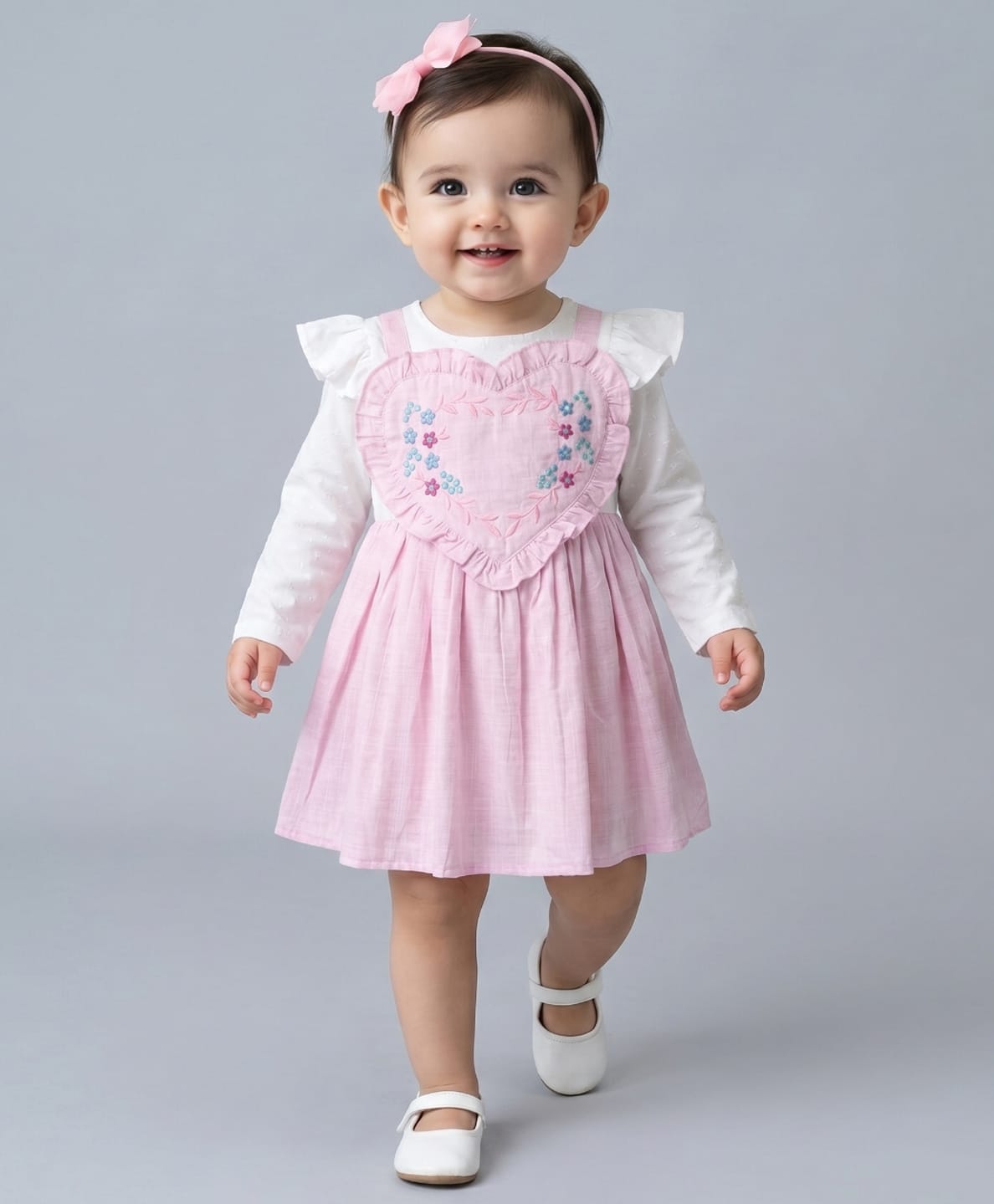 Bella Moda Cotton Woven Full Sleeves Heart Designed Floral & Leaves Embroidered Dress - Pink-image-44