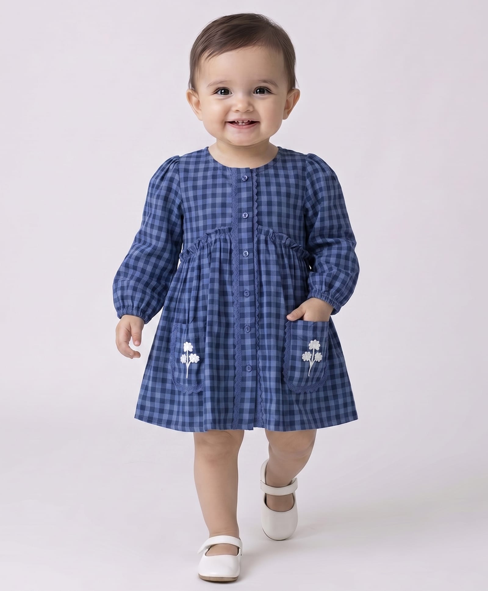 Bella Moda Cotton Woven Full Sleeves Checked & Floral Embroidered Dress - Navy Blue-image-37