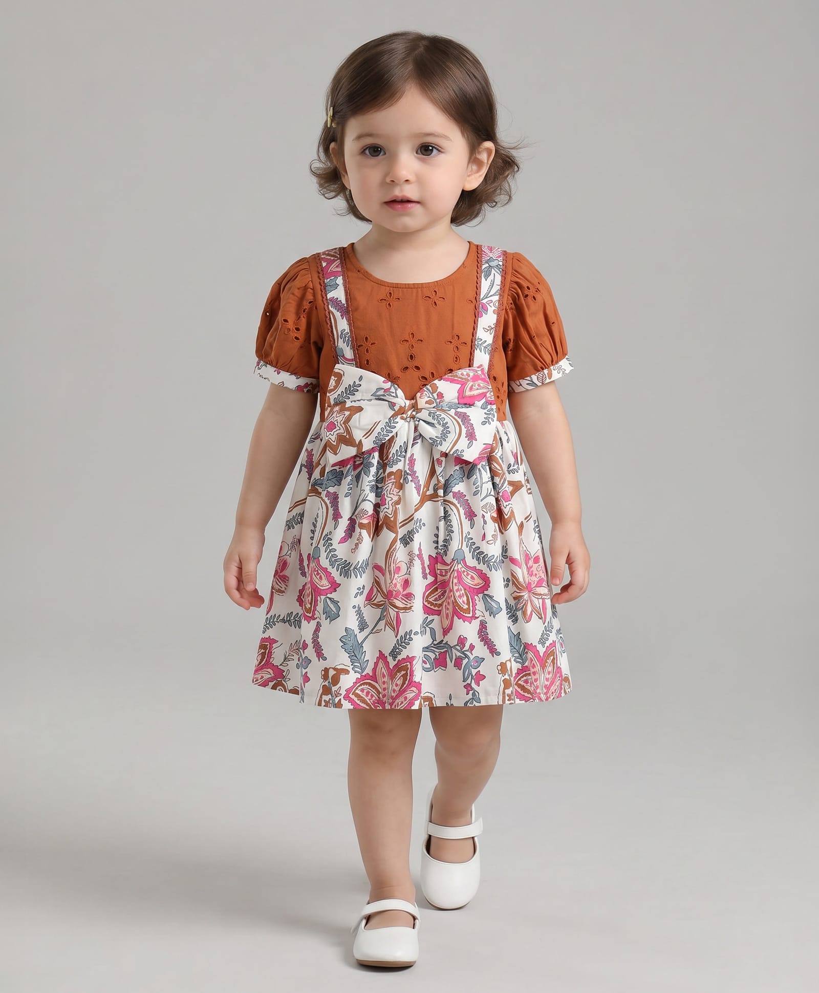 Bella Moda Cotton Woven Half Sleeves Floral Printed & Bow Applique Detailed Dress - Brown-picture-37