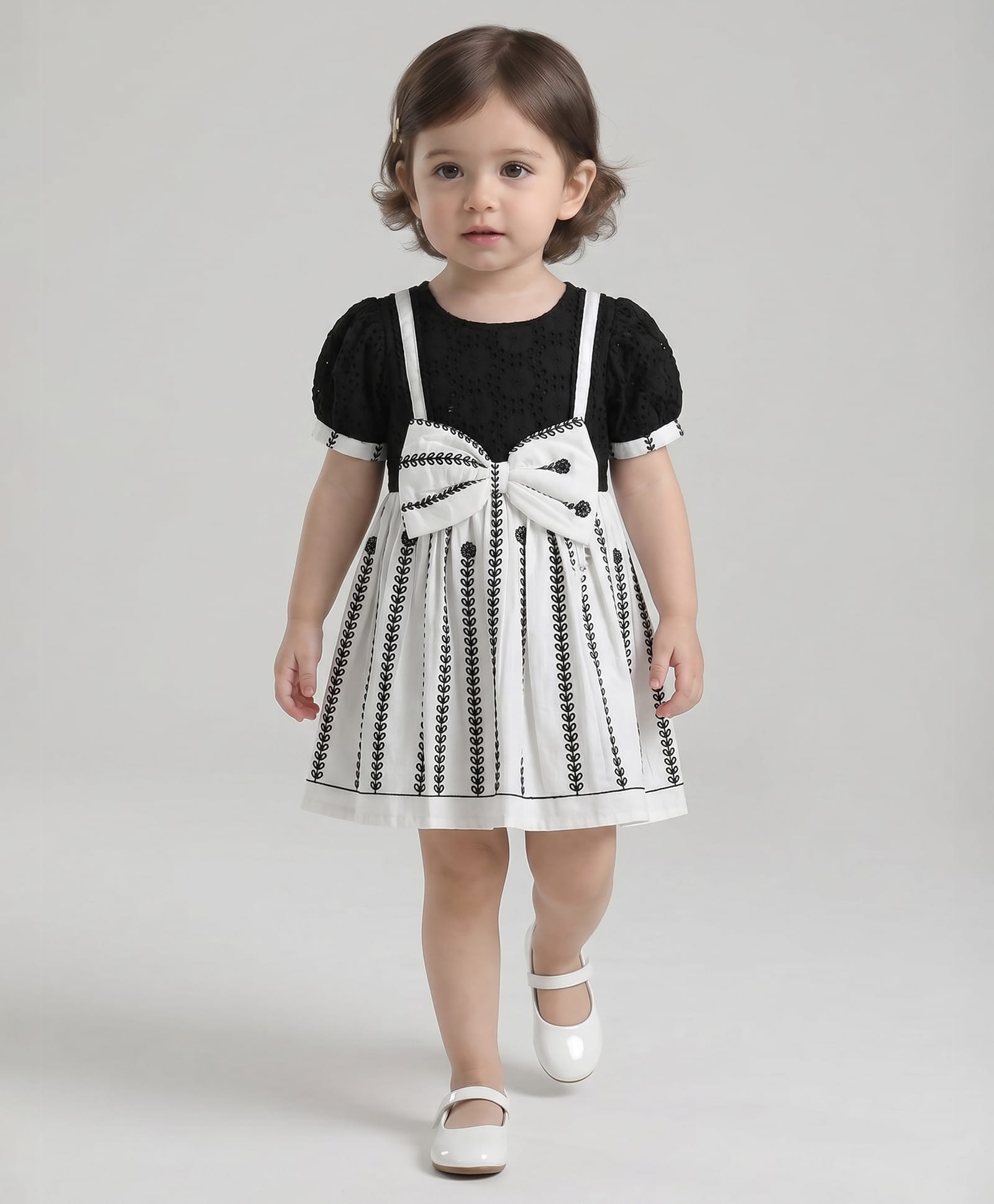Bella Moda Cotton Woven Half Sleeves Floral Embroidered & Bow Applique Detailed Dress - Black-picture-20