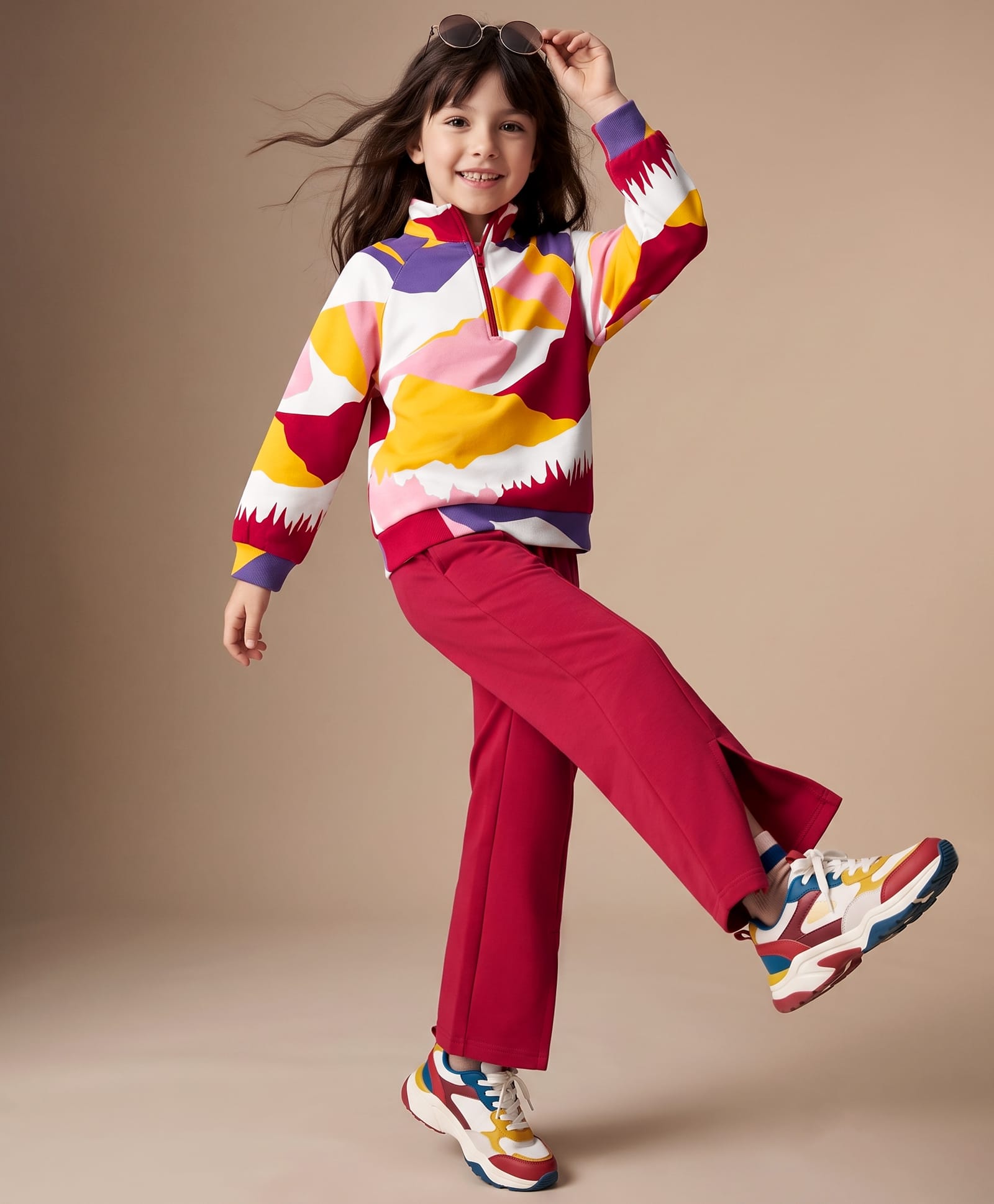 OLLINGTON ST. Set Of Cotton Knit Full Raglan Sleeves Abstract Printed Winter Wear Sweatshirt & Pant Set - Multicolour & Red-picture-26