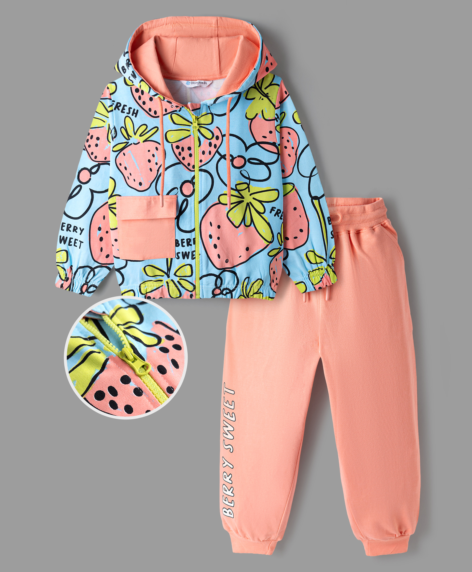 Ollington St. Cotton Looper Knit Full Sleeves Hooded Sweatshirt & Jogger Winter Wear Set with Strawberry Print - Pink-image-39