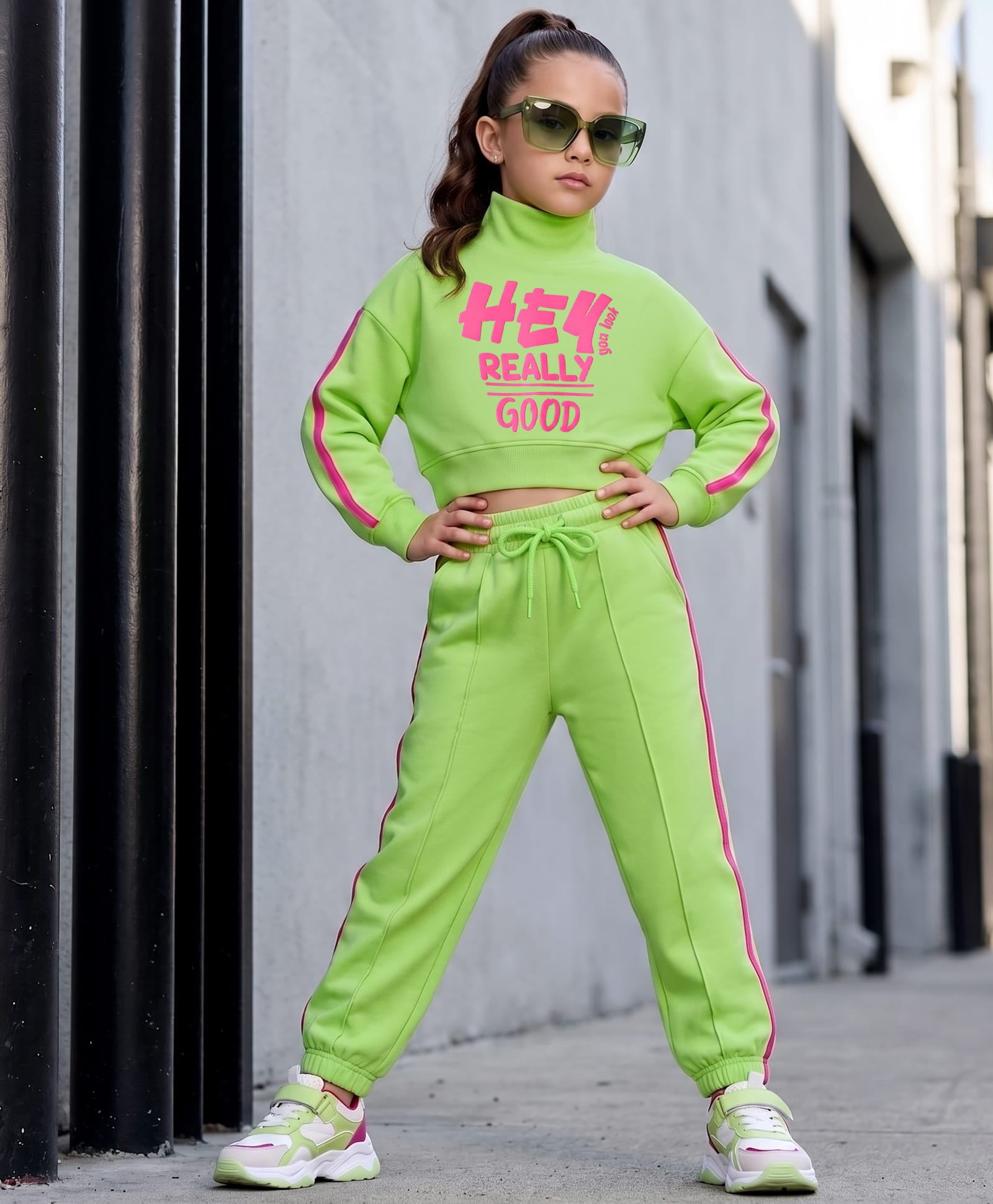 OLLINGTON ST. Set Of Cotton Knit Full Sleeves Text Printed Winter Wear Sweatshirt With Print & Joggers - Limegreen-picture-34