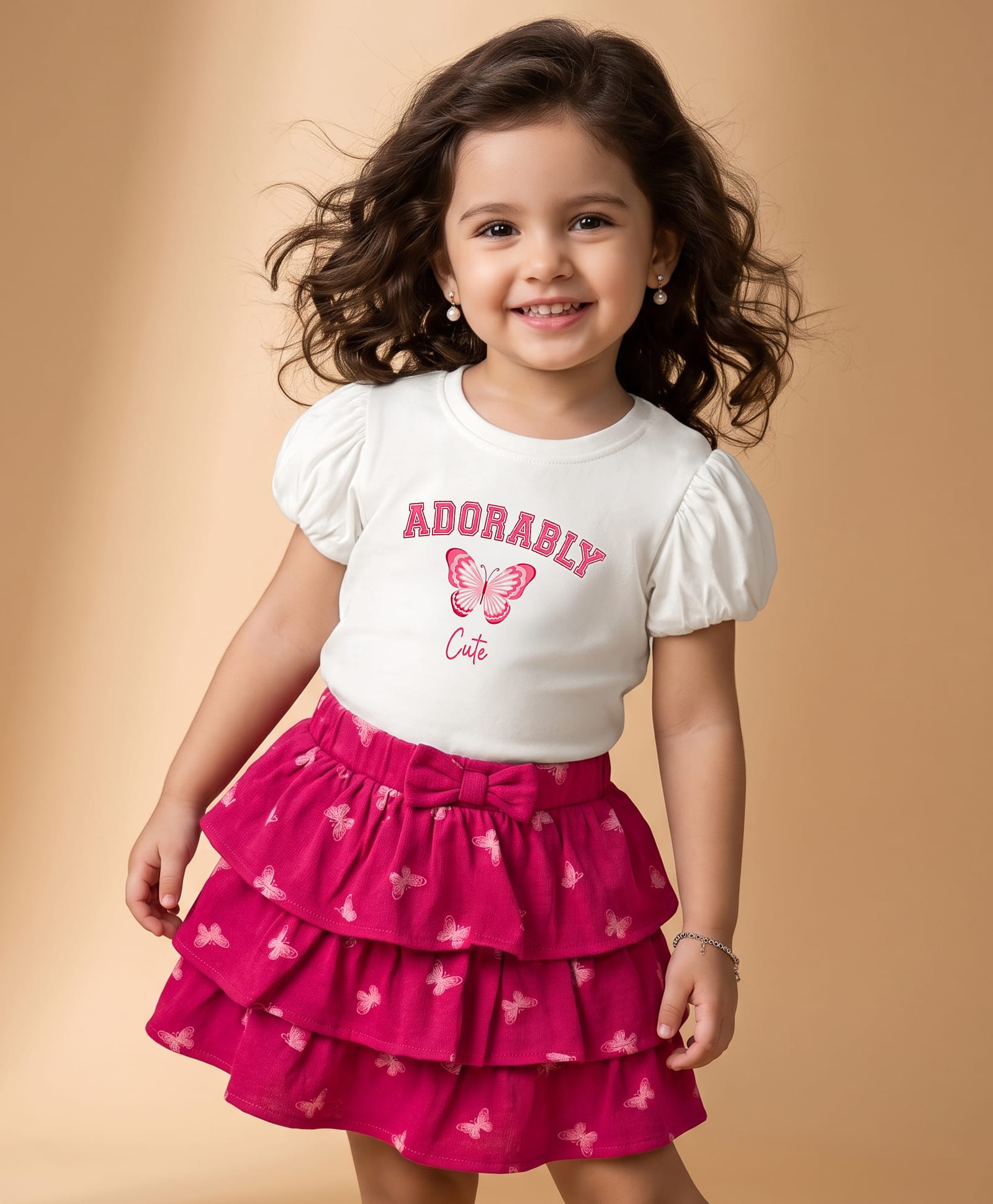 Babyhug Single Jersey Knit Half sleeves Top & Skirt With Butterfly & Adorably Text Print - White & Pink-image-40