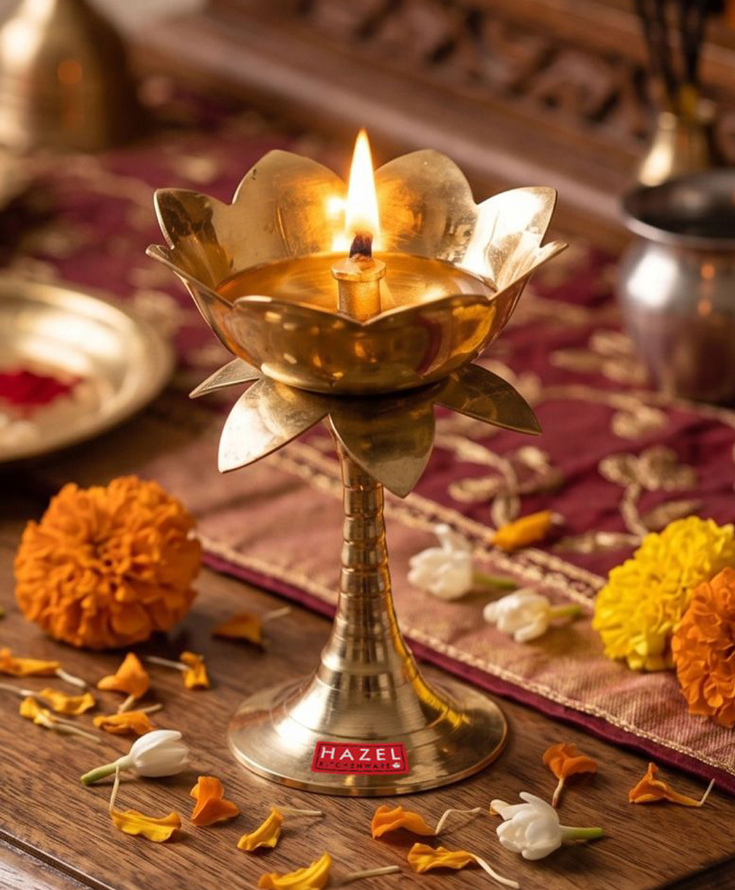HAZEL Brass Lotus Diya Tall Design | Decorative Oil Lamp for Pooja Room, Temple & Festive Decor-picture-18