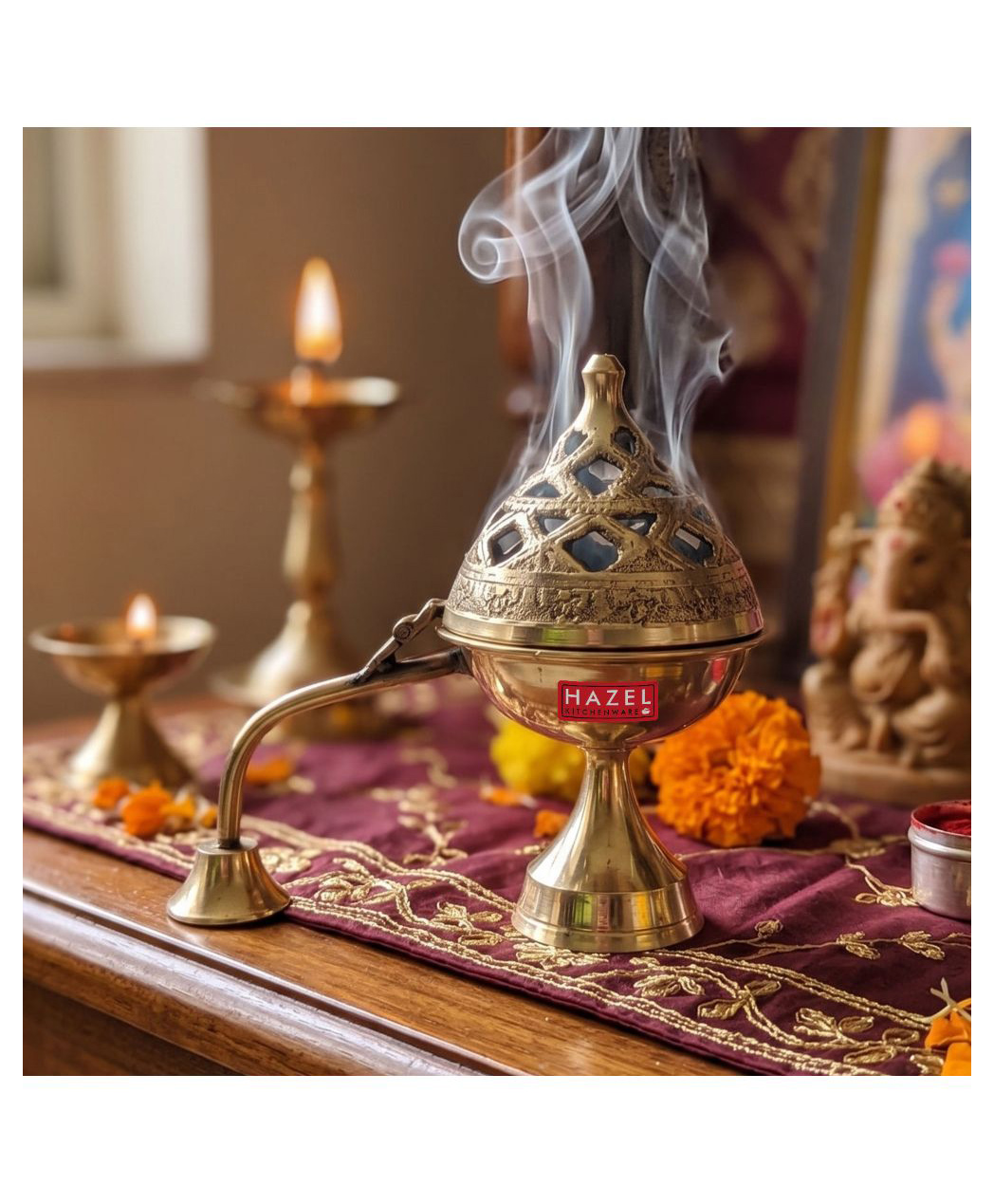 HAZEL Brass Lobandan Kapoor Deep | Camphor Burner Dhoop Dani for Pooja, Home Temple & Spiritual Rituals-picture-0