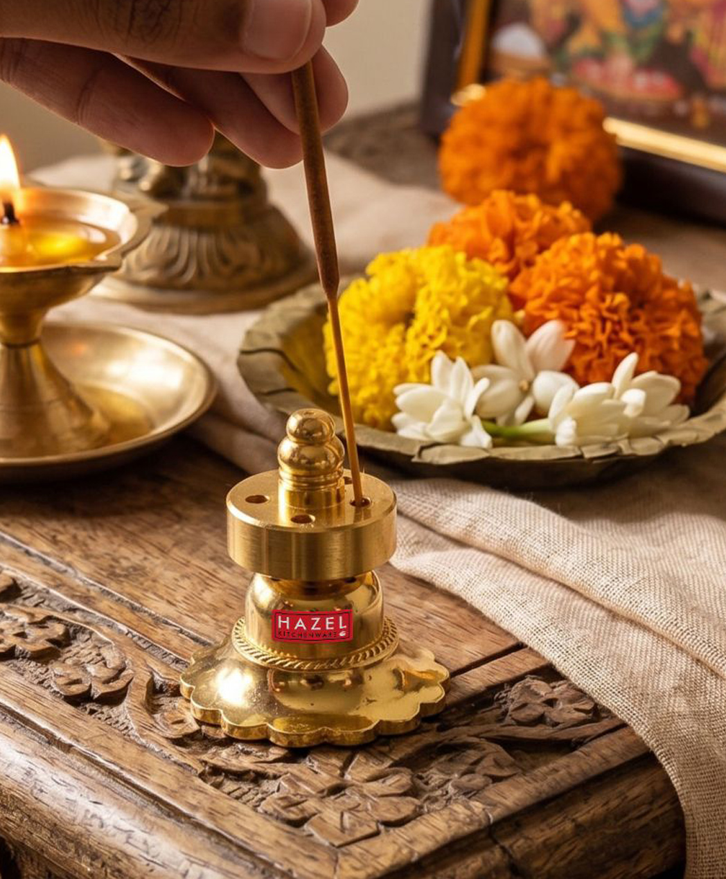 HAZEL Brass Agarbatti Stand Small | Incense Stick Holder for Home Temple, Puja Room & Daily Use-picture-25