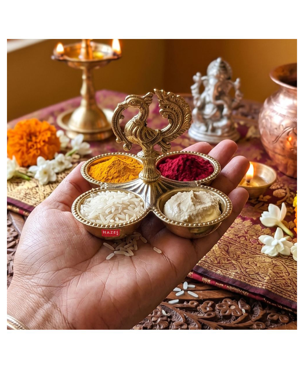 HAZEL Brass Peacock Chowmukha Kankavati | Decorative Kumkum Holder for Pooja, Tilak & Festive Use-picture-2