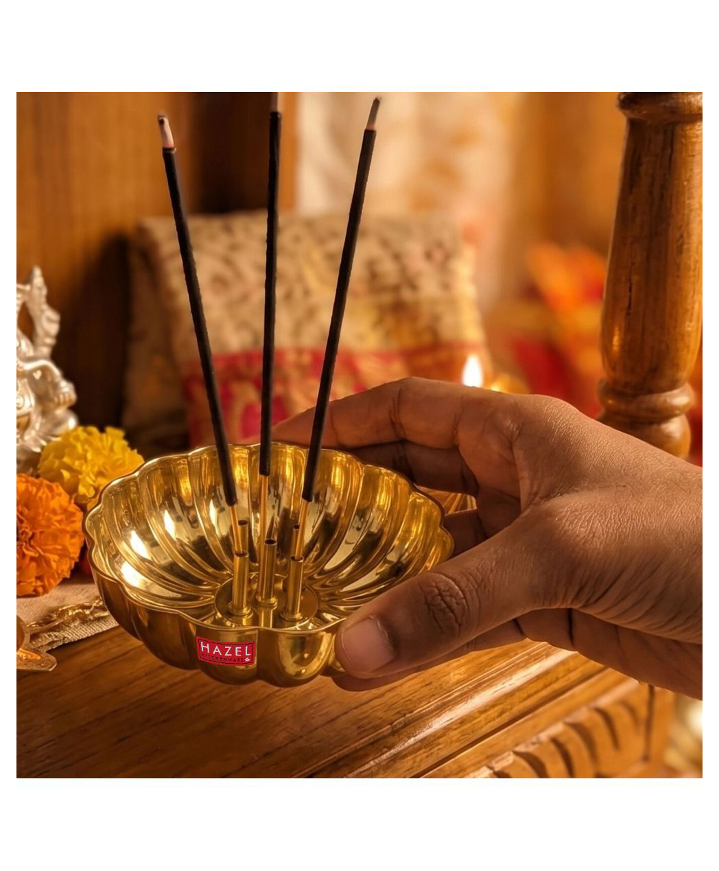 HAZEL Brass Agarbatti Stand | Flower Shaped Incense Holder with 5 Stick Slots | Pooja Thali Diya Plate for Home Temple-picture-6