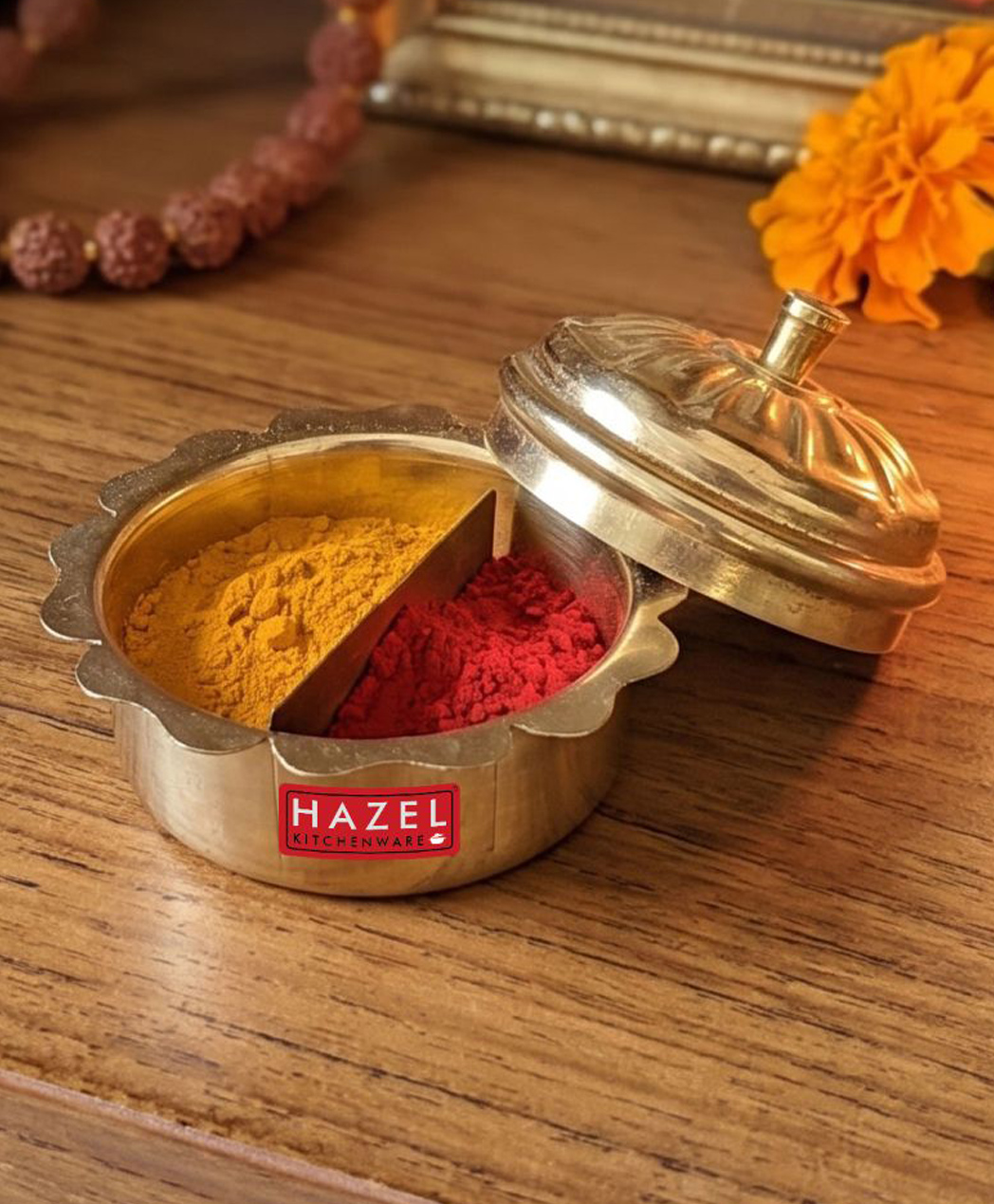 HAZEL Brass Kumkum Dabbi with Lid | Haldi Box Sindoor Container Flower Shape Edge | Pooja Storage Box for Mandir-image-37