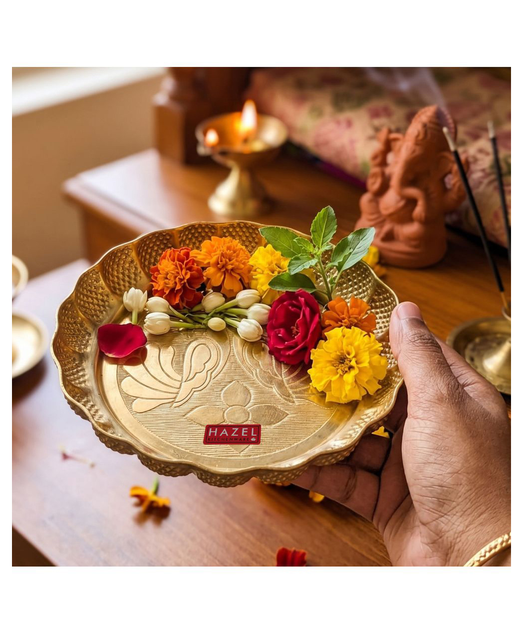 HAZEL Brass Pooja Thali Morni Design | Peacock Engraved Plate | Scallop Border Offering Tray for Mandir or Home Temple-picture-24