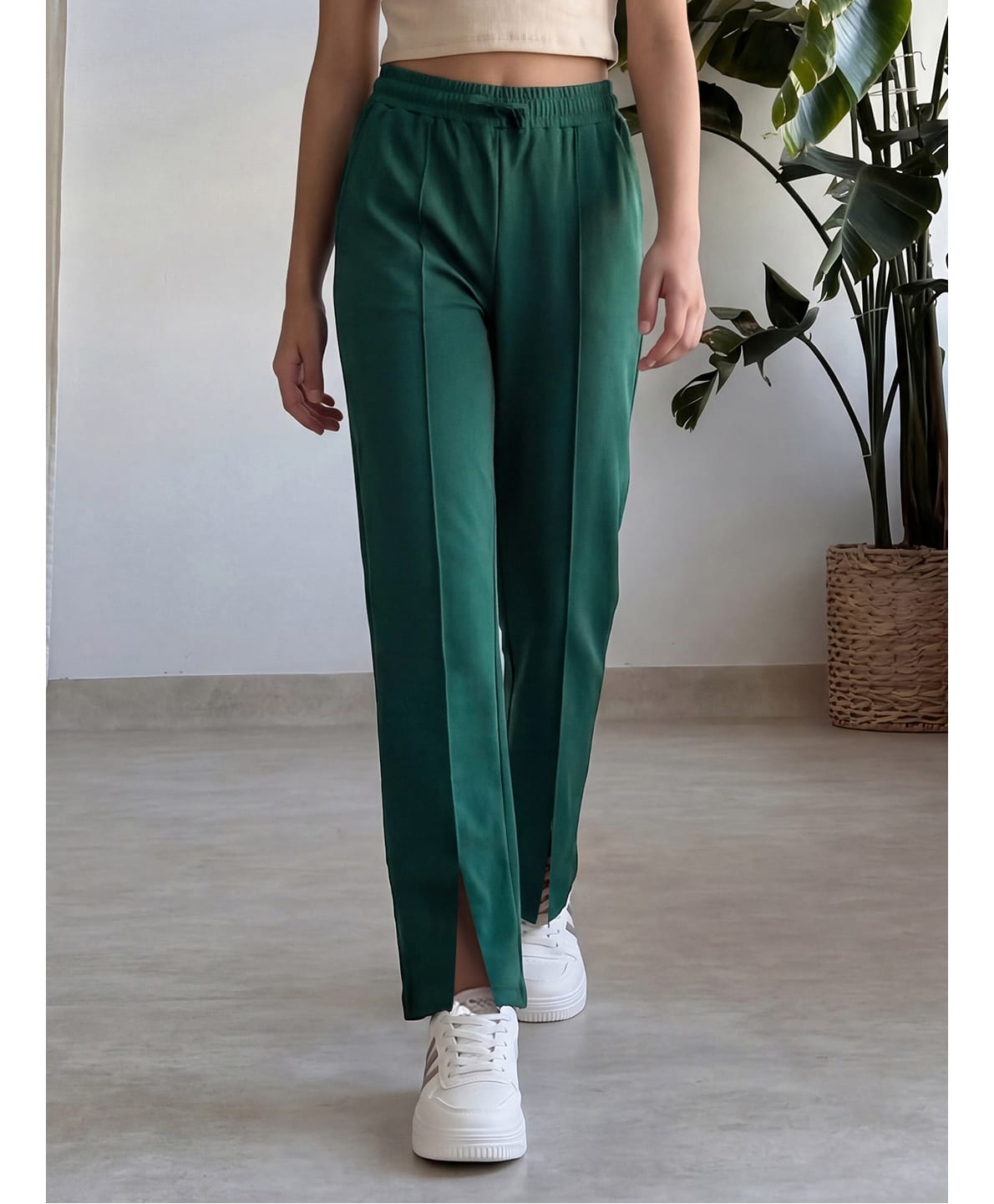 Lil Tomatoes Cotton Looper Knit Solid Slit Pants - Bottle Green-picture-22