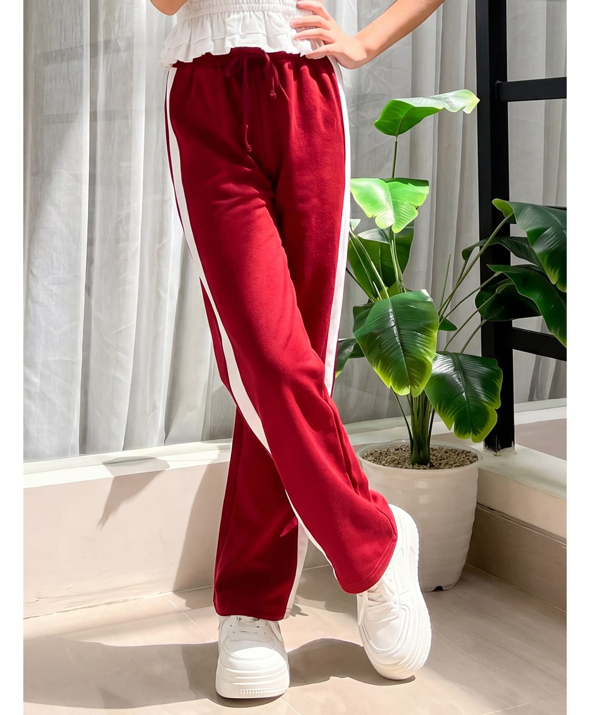 Lil Tomatoes Cotton Looper Knit Striped Pants - Cranberry-image-36